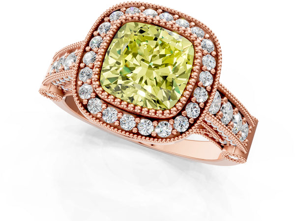 Rose Gold Cushion Cut Vintage Bezel Halo Engagement Ring Setting for Fancy Yellow Center