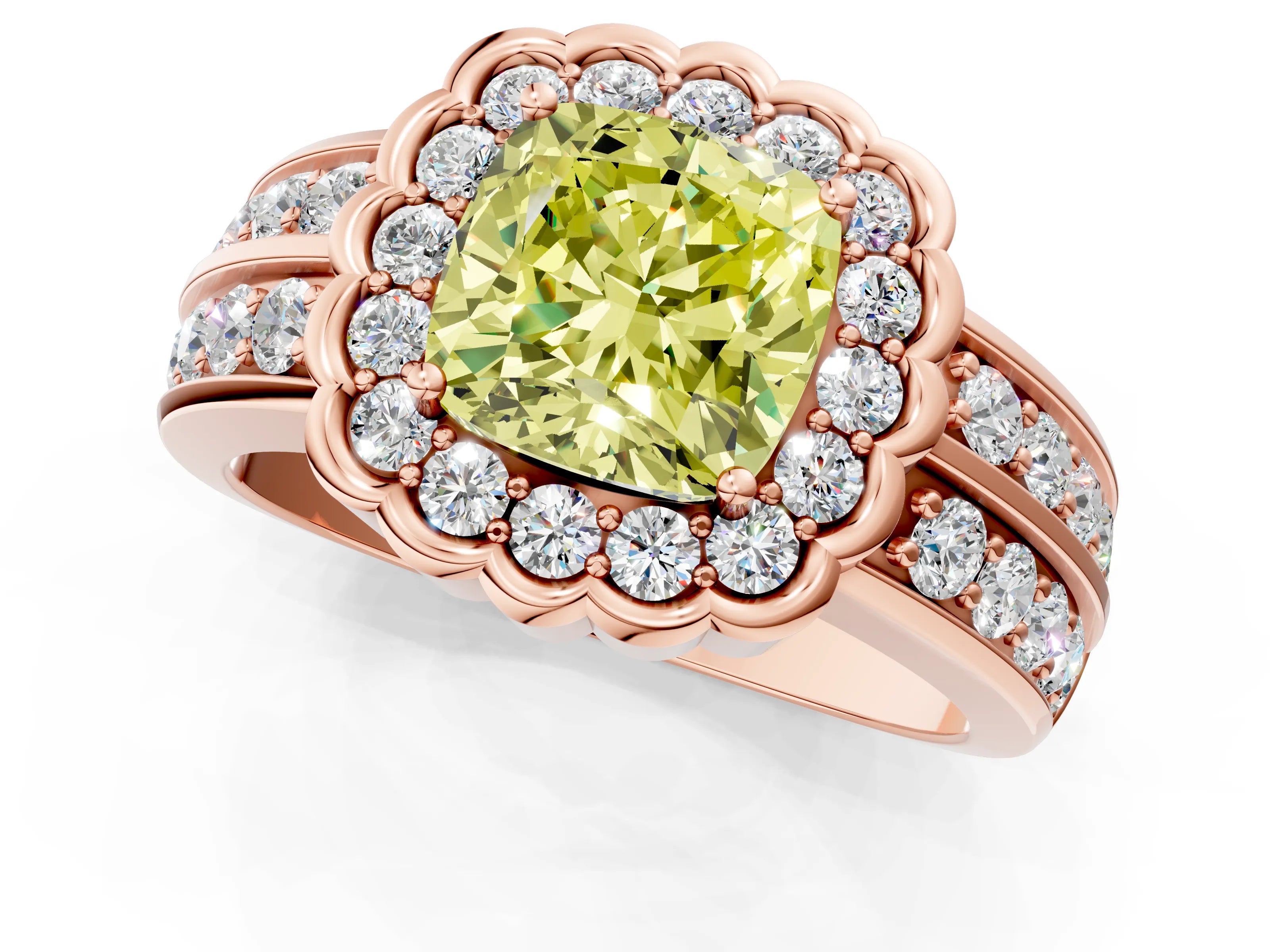 Rose gold Fancy Yellow Cushion Cut Halo Diamond Split Shank Ring with Scalloped Prong Setting_1