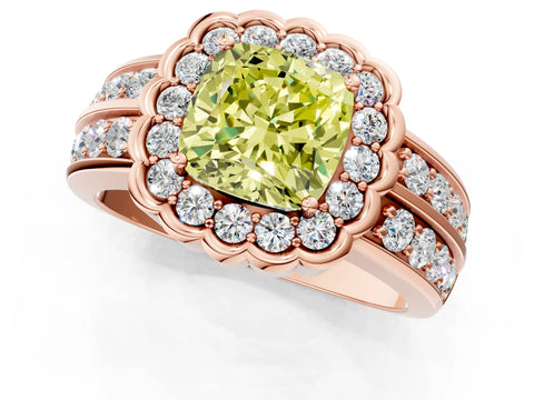 Rose gold Fancy Yellow Cushion Cut Halo Diamond Split Shank Ring with Scalloped Prong Setting_1