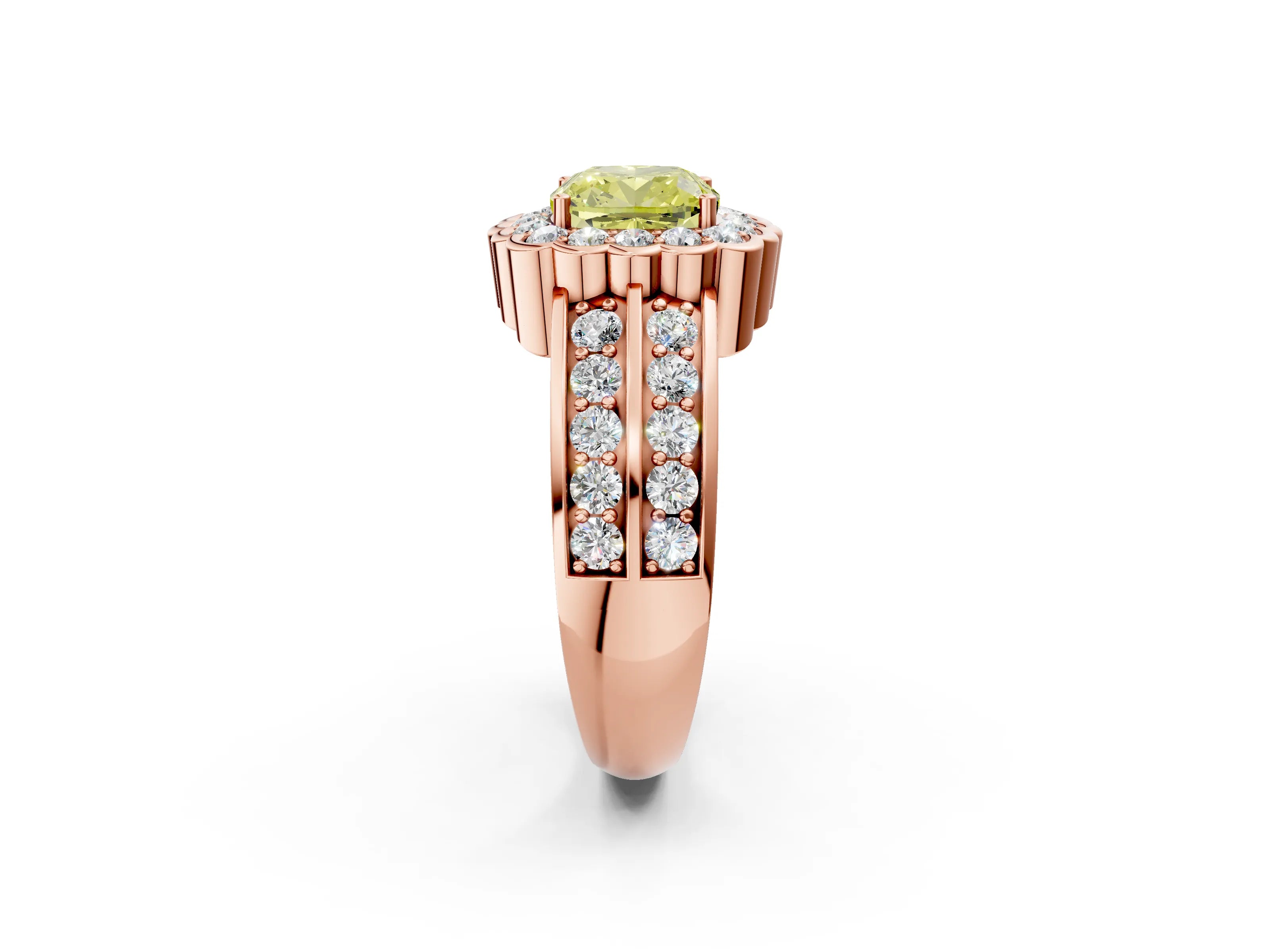 Rose gold Fancy Yellow Cushion Cut Halo Diamond Split Shank Ring with Scalloped Prong Setting_2