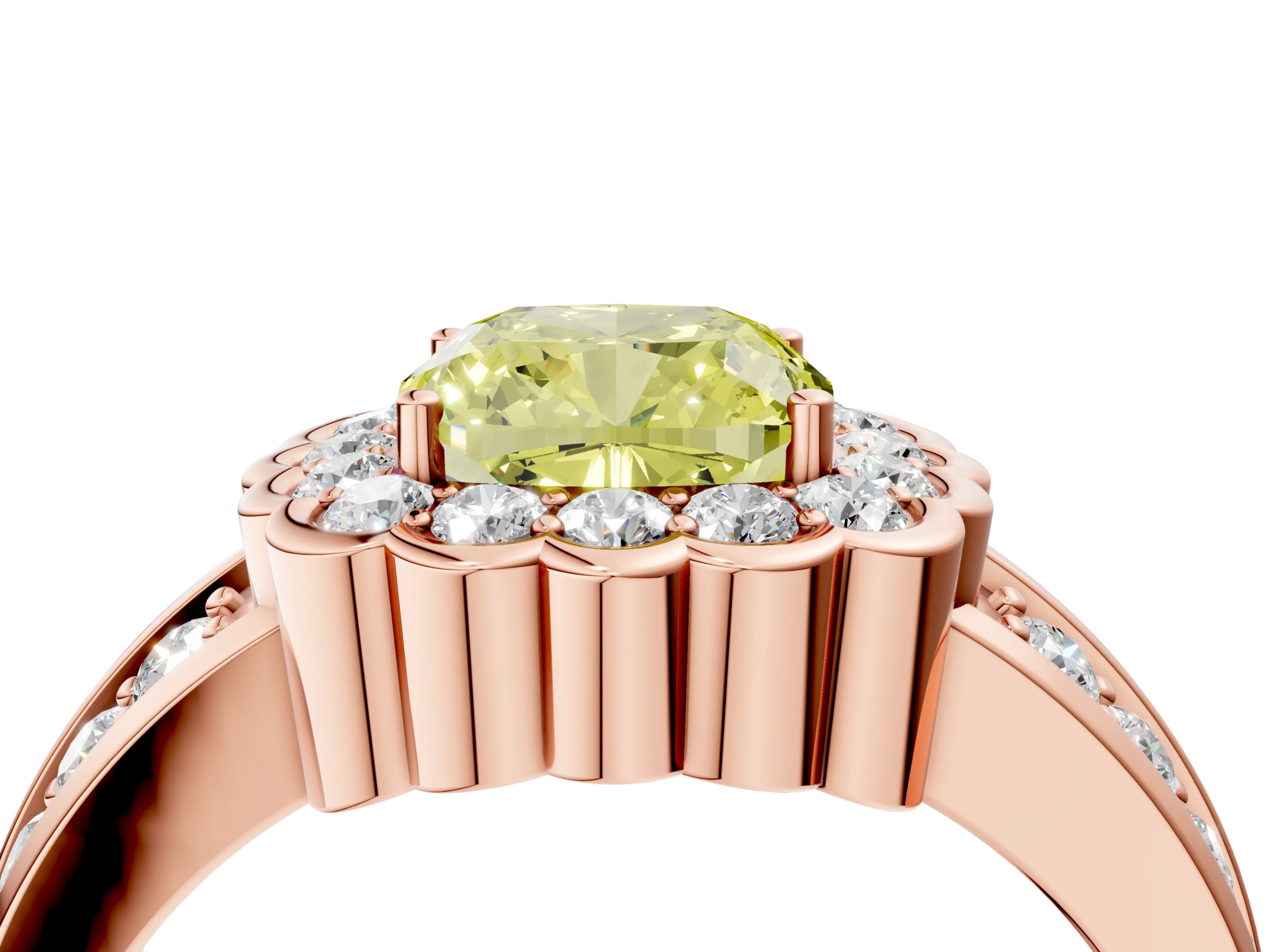 Rose gold Fancy Yellow Cushion Cut Halo Diamond Split Shank Ring with Scalloped Prong Setting_4