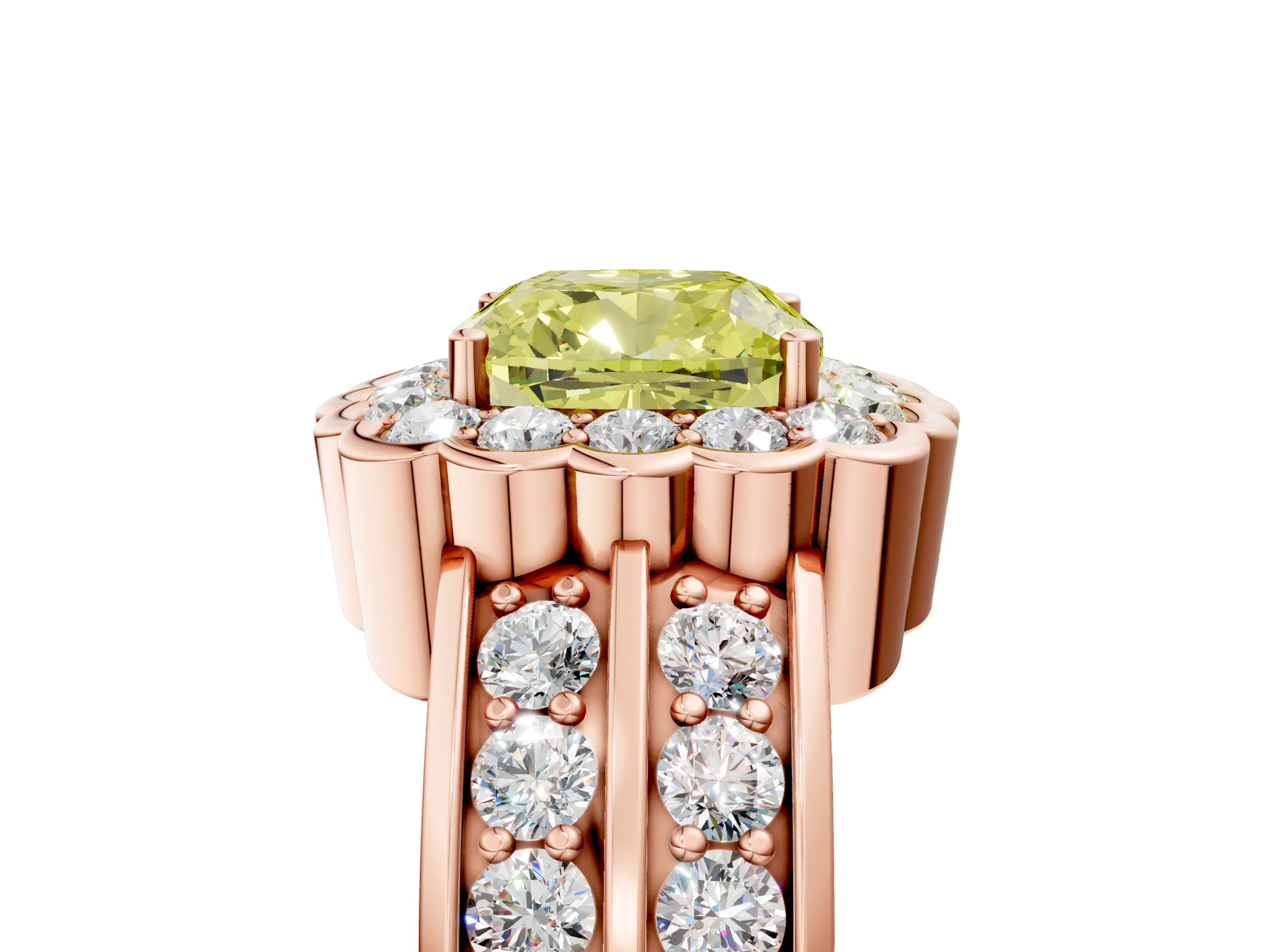 Rose gold Fancy Yellow Cushion Cut Halo Diamond Split Shank Ring with Scalloped Prong Setting_5