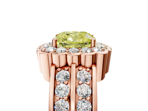 Rose gold Fancy Yellow Cushion Cut Halo Diamond Split Shank Ring with Scalloped Prong Setting_5