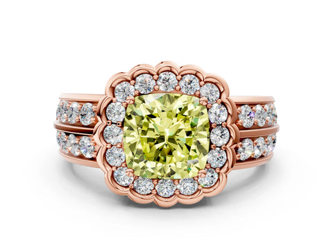 Rose gold Fancy Yellow Cushion Cut Halo Diamond Split Shank Ring with Scalloped Prong Setting
