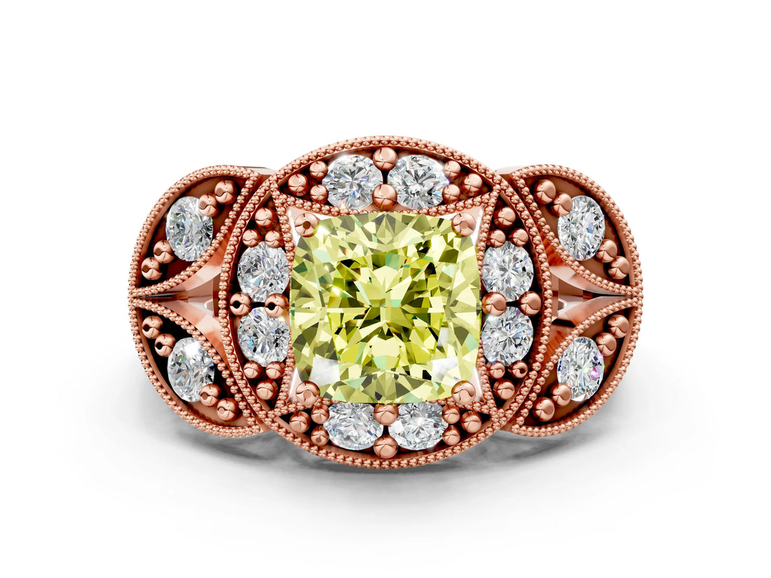 Rose gold Fancy Yellow Cushion Cut Halo Milgrain Diamond Engagement Ring with Leaf Band and Four-Prong Setting