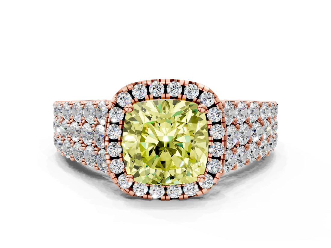 Rose gold Fancy Yellow Cushion Cut Halo Pavé Diamond Engagement Ring with Split Shank and Four-Prong Setting_3