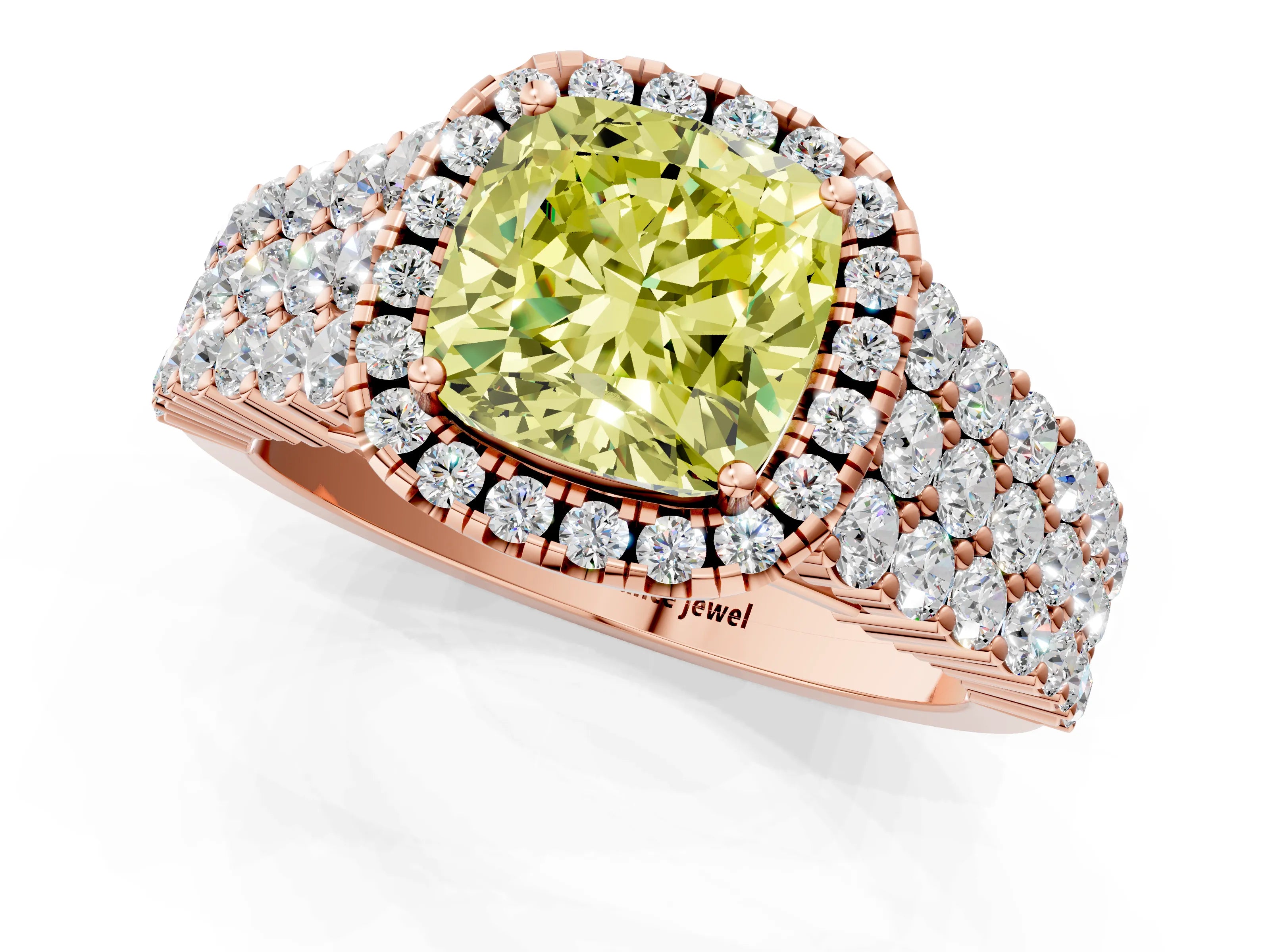 Rose gold Fancy Yellow Cushion Cut Halo Pavé Diamond Engagement Ring with Split Shank and Four-Prong Setting_4
