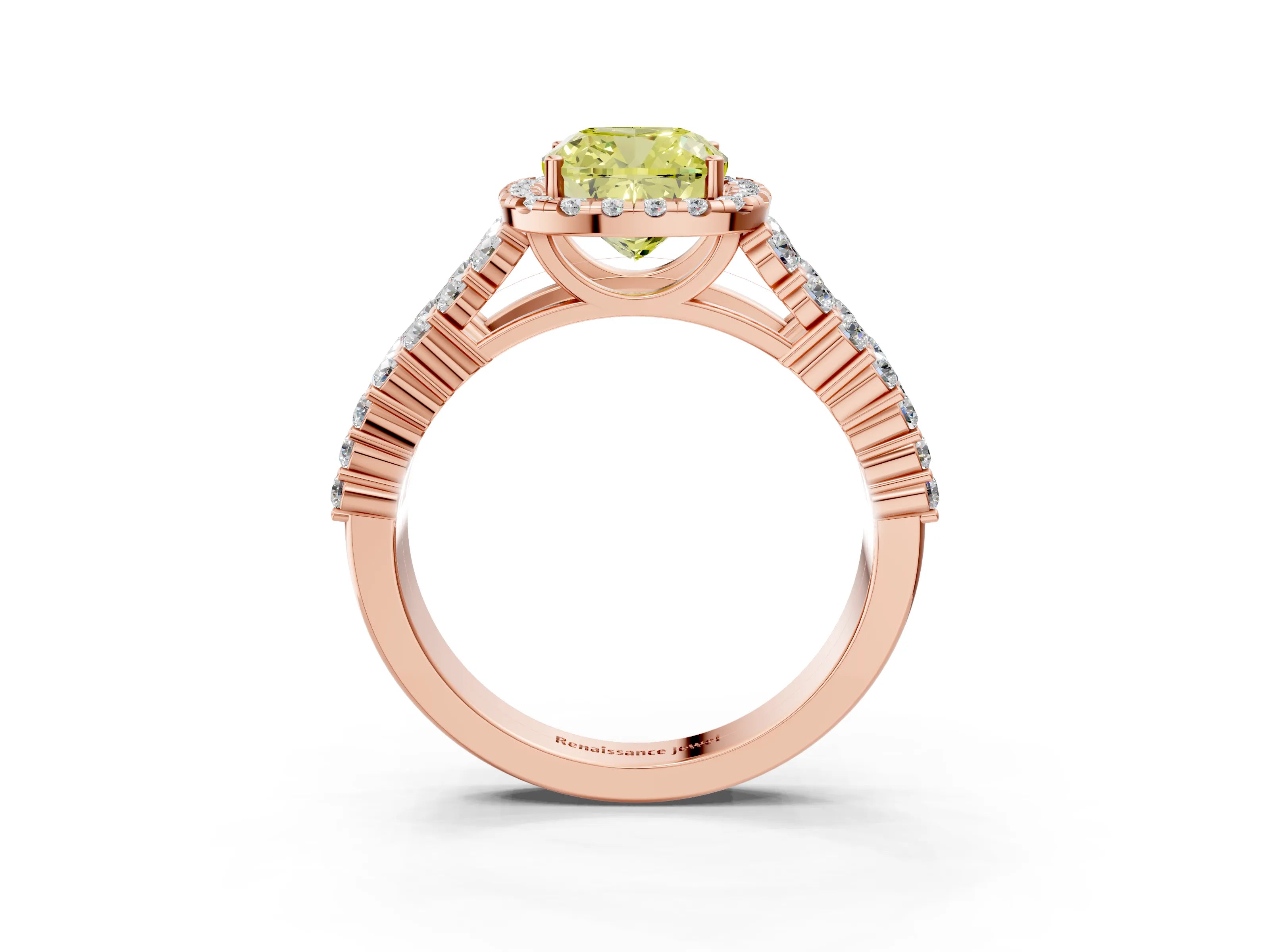 Rose gold Fancy Yellow Cushion Cut Halo Pavé Diamond Engagement Ring with Split Shank and Four-Prong Setting_6
