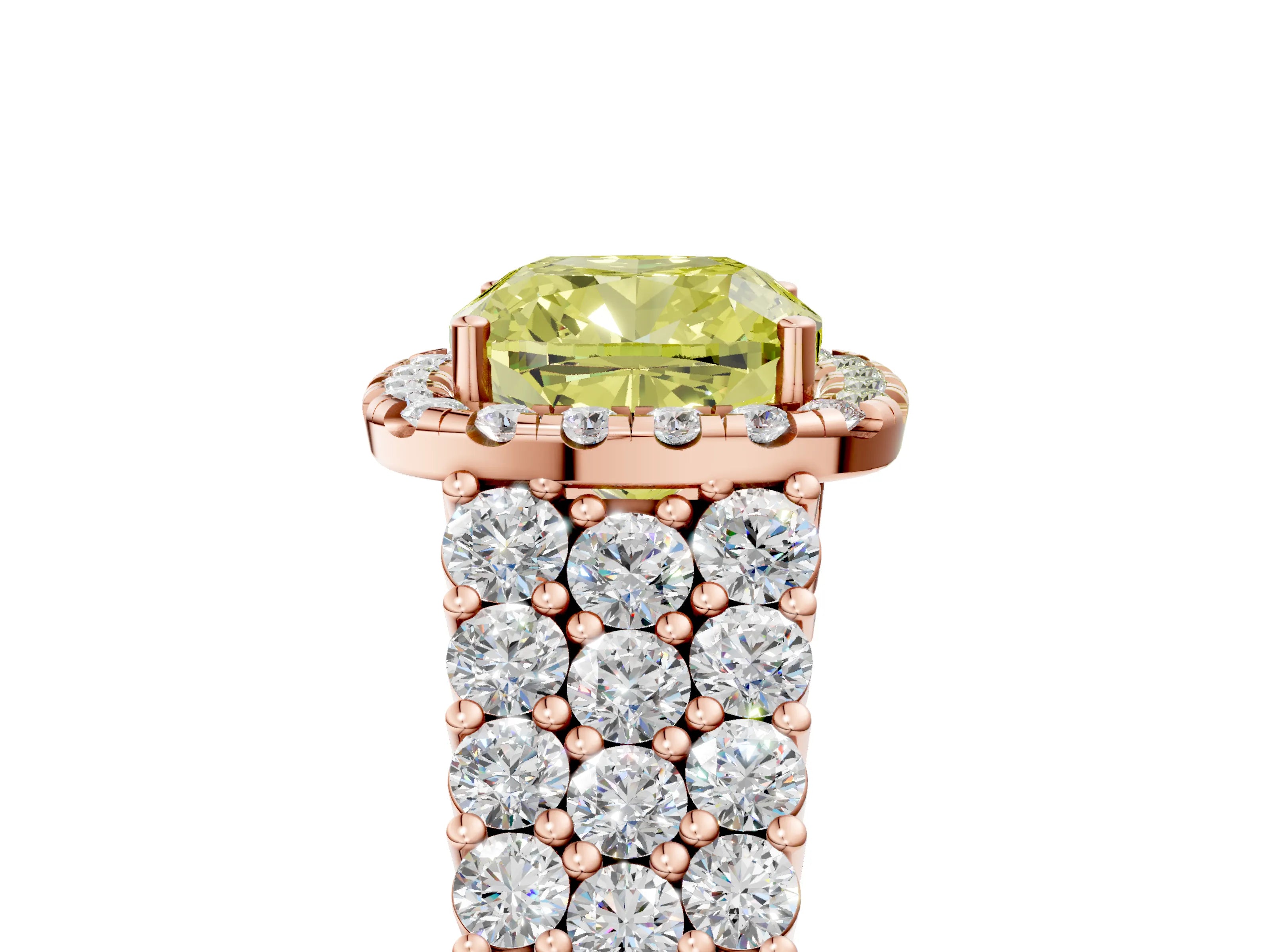 Rose gold Fancy Yellow Cushion Cut Halo Pavé Diamond Engagement Ring with Split Shank and Four-Prong Setting_8