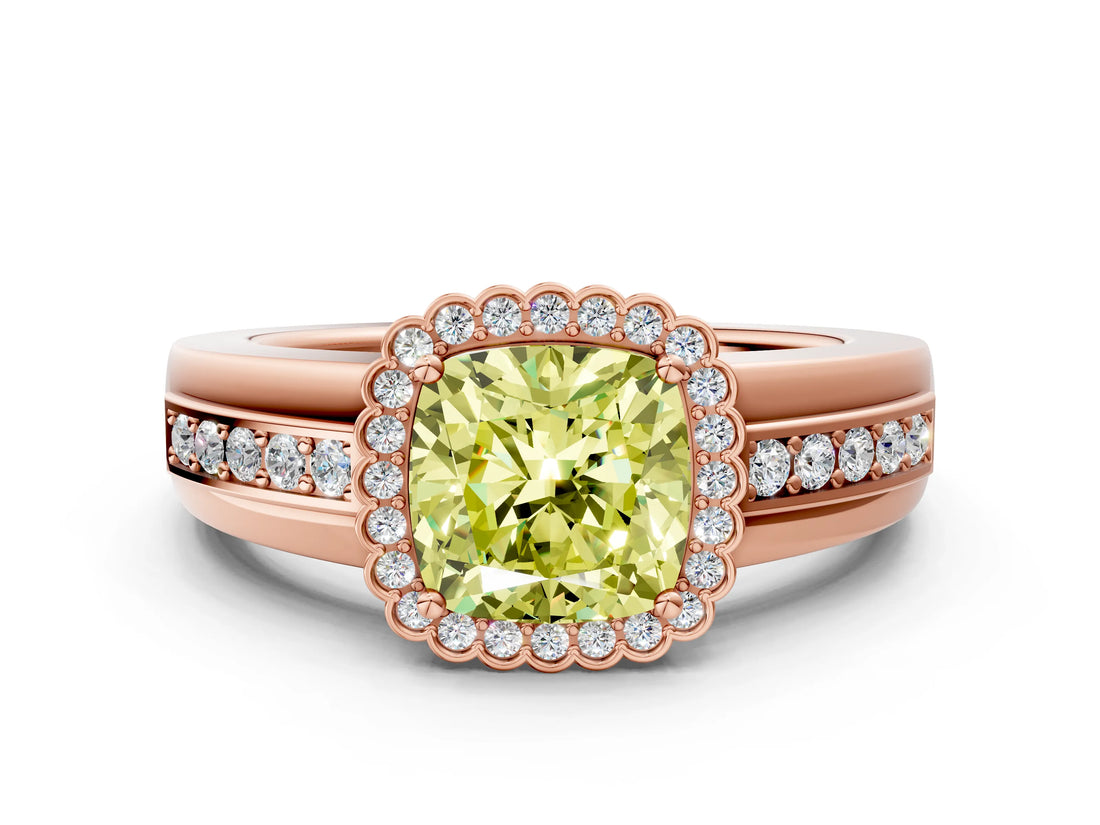 Rose gold Fancy Yellow Cushion  Cut Halo Pave Band Four-Prong Ring_49