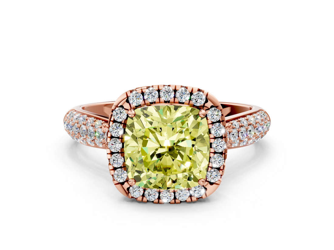 Rose gold Fancy Yellow Cushion  Cut Halo Pave Band Four-Prong Setting Ring_36