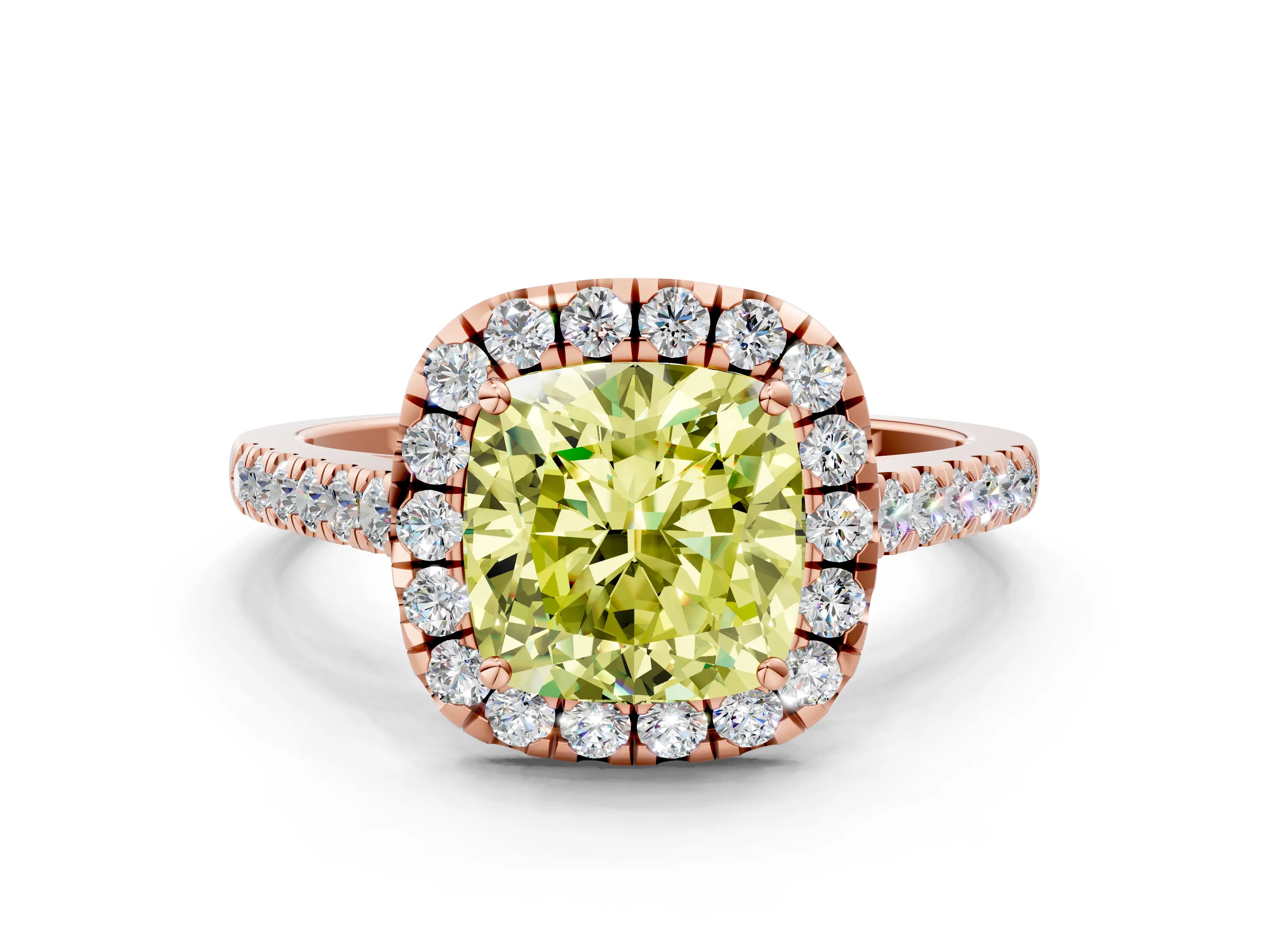 Rose gold Fancy Yellow Cushion Cut Halo Pave Diamond Engagement Ring with Four-Prong Setting
