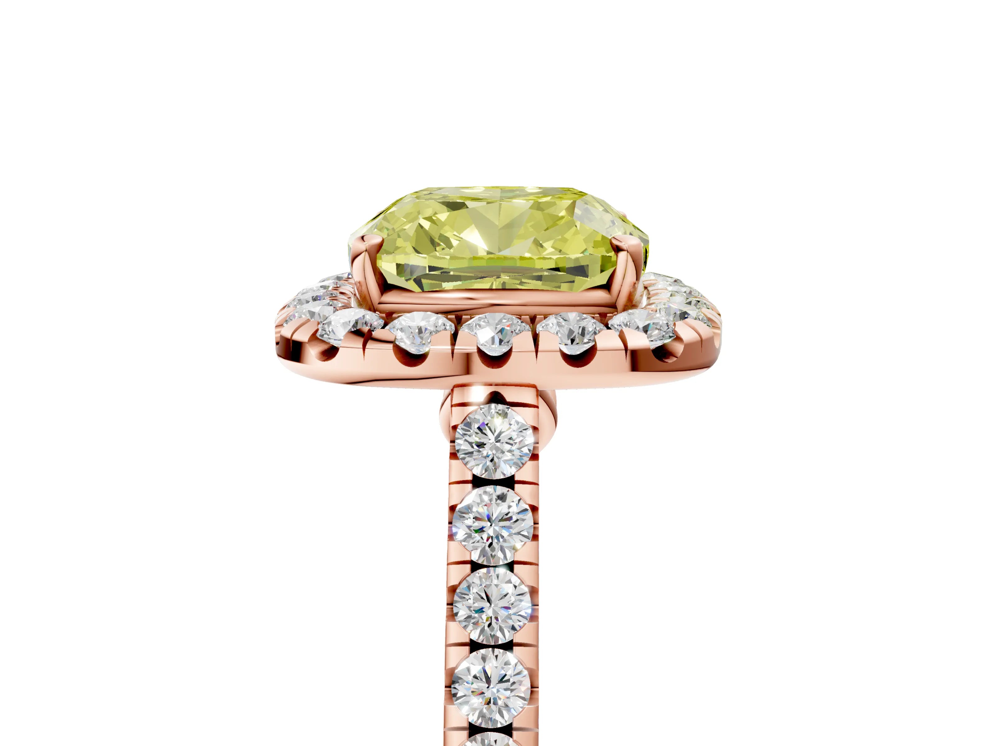 Rose gold Fancy Yellow Cushion Cut Halo Pave Diamond Engagement Ring with Four-Prong Setting_5