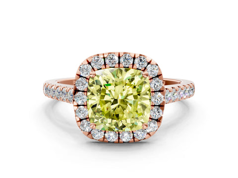 Rose gold Fancy Yellow Cushion Cut Halo Pave Diamond Engagement Ring with Four-Prong Setting