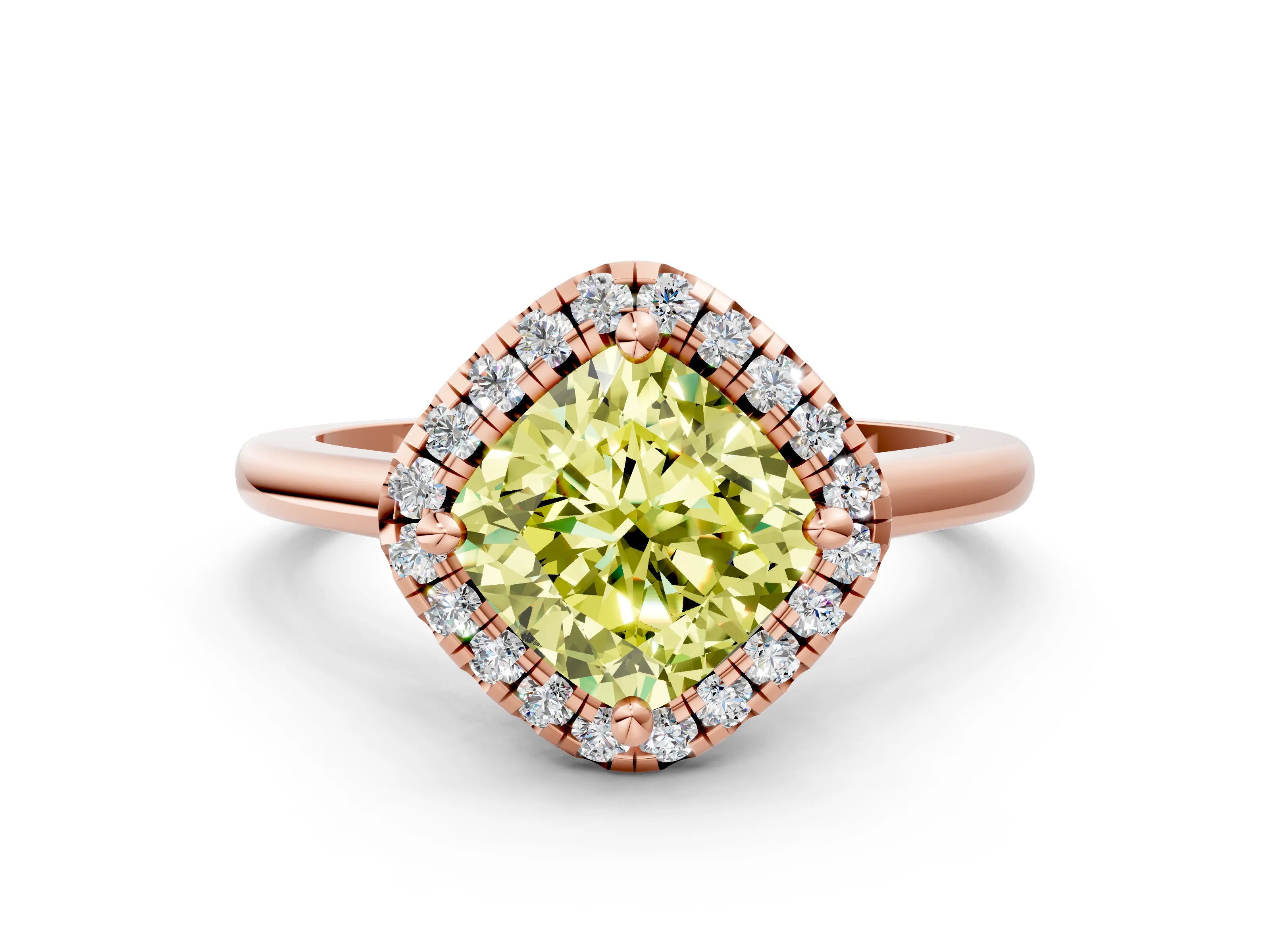Rose gold Fancy Yellow Cushion Cut Halo Round Diamond Solitaire Engagement Ring with Pave Band and Four-Prong Setting_12