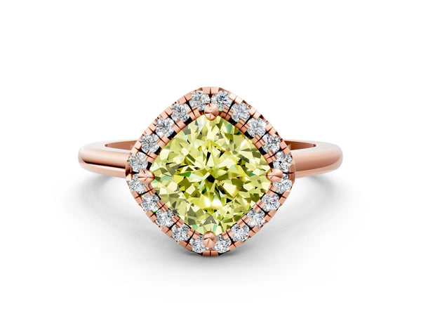 Rose gold Fancy Yellow Cushion Cut Halo Round Diamond Solitaire Engagement Ring with Pave Band and Four-Prong Setting