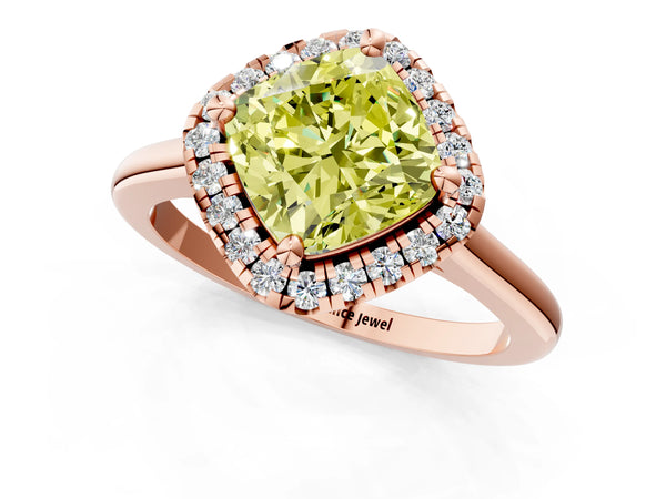 Rose gold Fancy Yellow Cushion Cut Halo Round Diamond Solitaire Engagement Ring with Pave Band and Four-Prong Setting