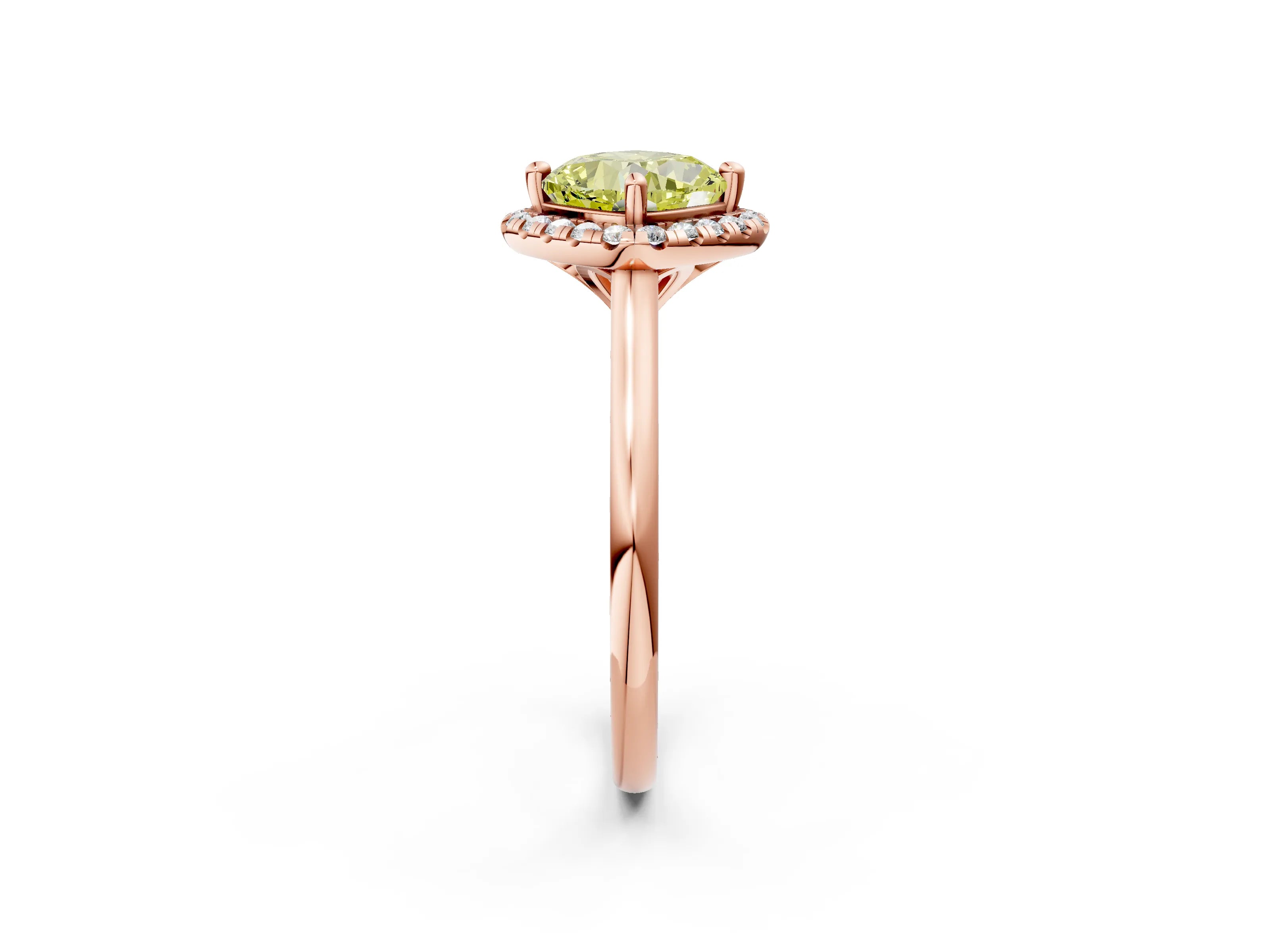 Rose gold Fancy Yellow Cushion Cut Halo Round Diamond Solitaire Engagement Ring with Pave Band and Four-Prong Setting_14