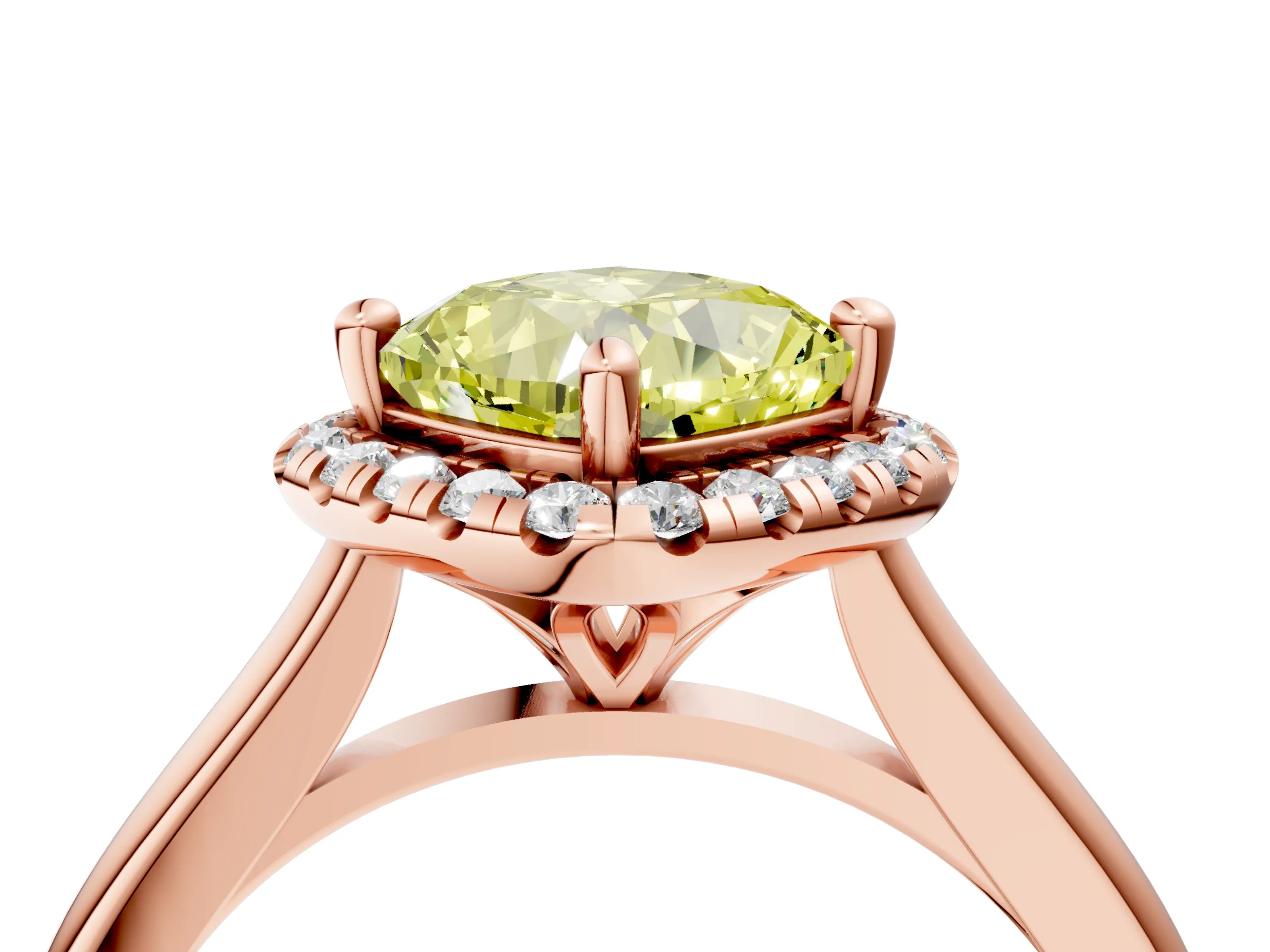 Rose gold Fancy Yellow Cushion Cut Halo Round Diamond Solitaire Engagement Ring with Pave Band and Four-Prong Setting_16