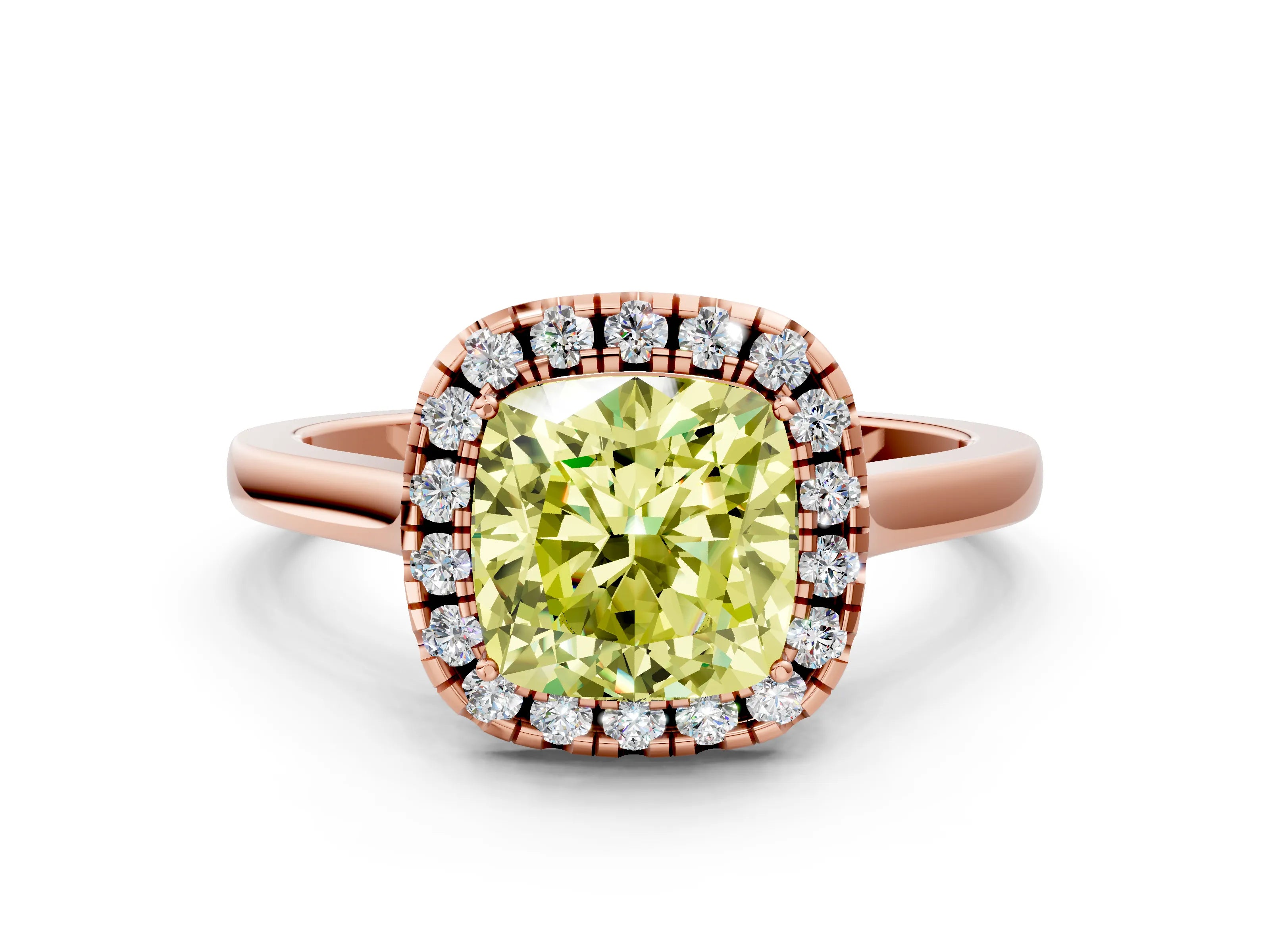 Rose gold Fancy Yellow Cushion Cut Halo Round Diamond Solitaire Ring with Pavé Band and Four-Prong Setting_12