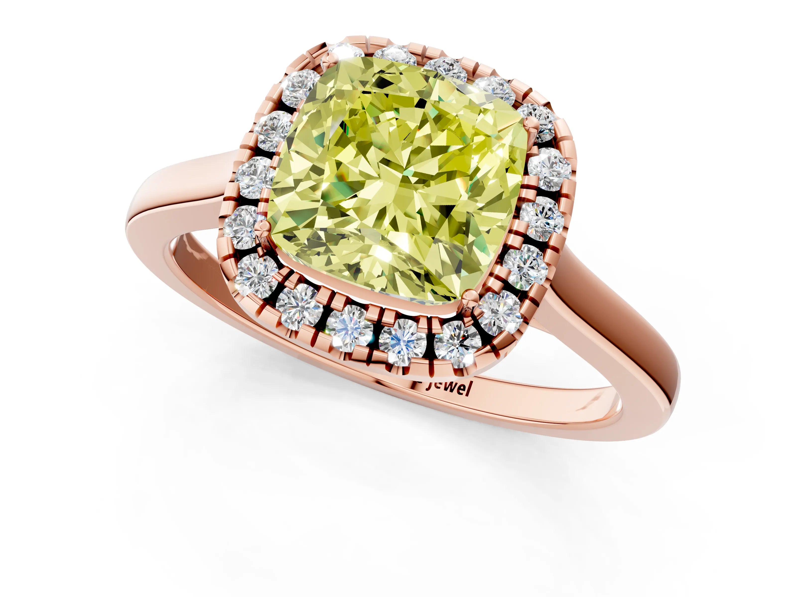 Rose gold Fancy Yellow Cushion Cut Halo Round Diamond Solitaire Ring with Pavé Band and Four-Prong Setting_13