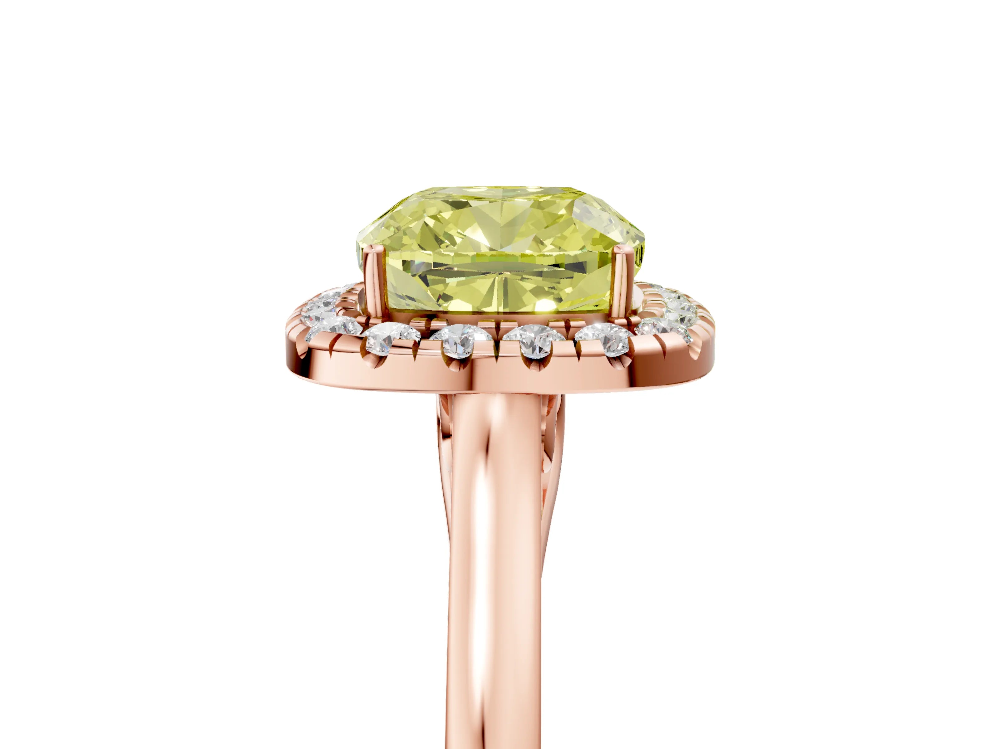 Rose gold Fancy Yellow Cushion Cut Halo Round Diamond Solitaire Ring with Pavé Band and Four-Prong Setting_17
