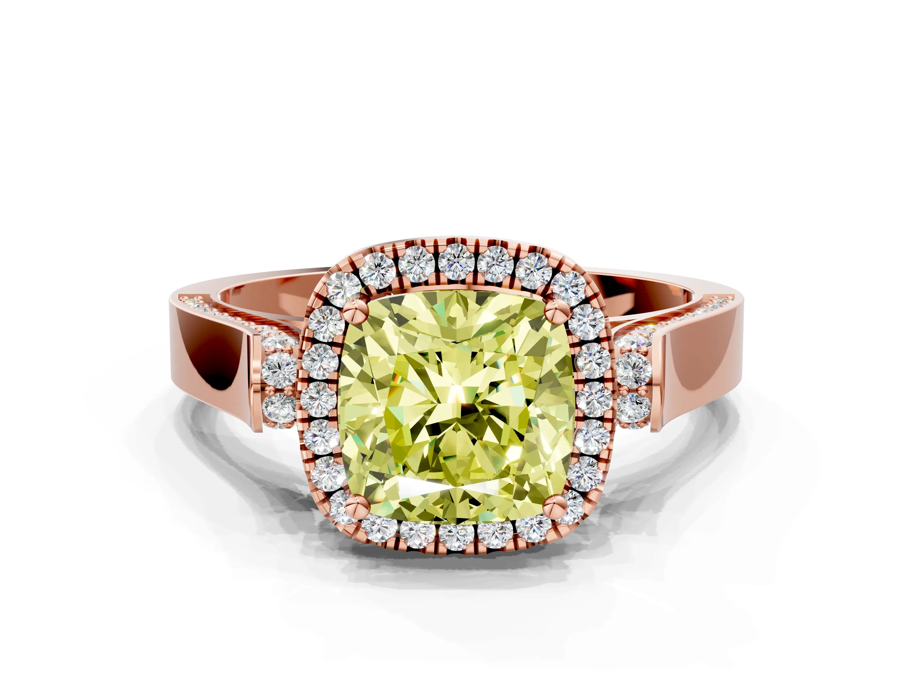 Rose gold Fancy Yellow Cushion Cut Halo Round Diamond Twist Band with Four-Prong Setting
