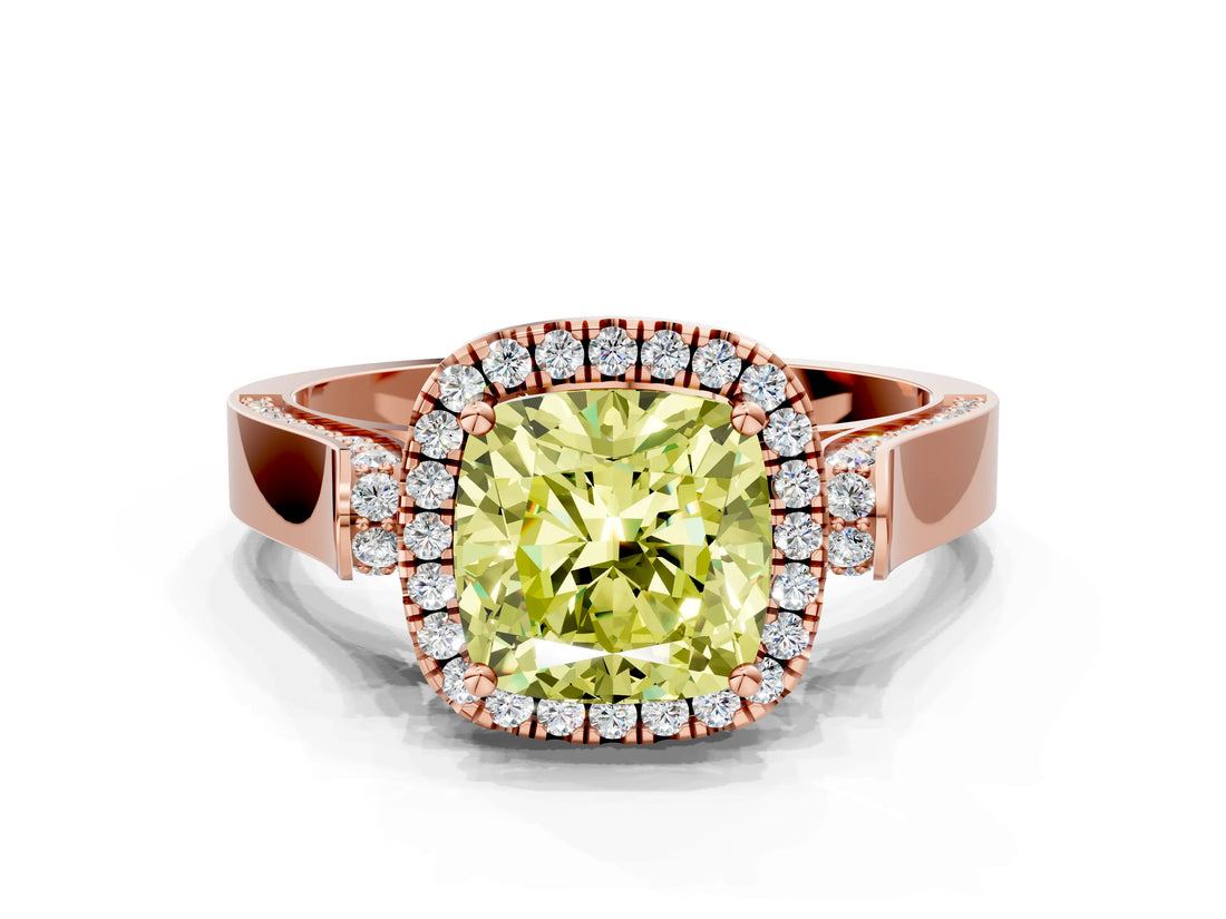 Rose gold Fancy Yellow Cushion Cut Halo Round Diamond Twist Band with Four-Prong Setting