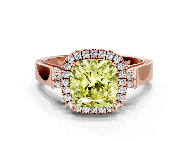 Rose gold Fancy Yellow Cushion Cut Halo Round Diamond Twist Band with Four-Prong Setting
