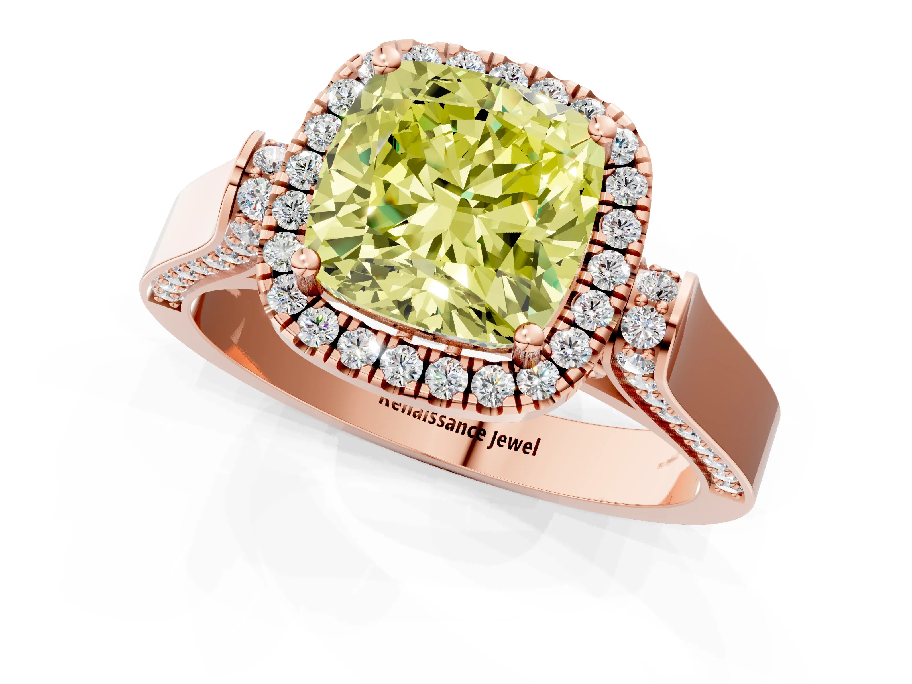 Rose gold Fancy Yellow Cushion Cut Halo Round Diamond Twist Band with Four-Prong Setting_1