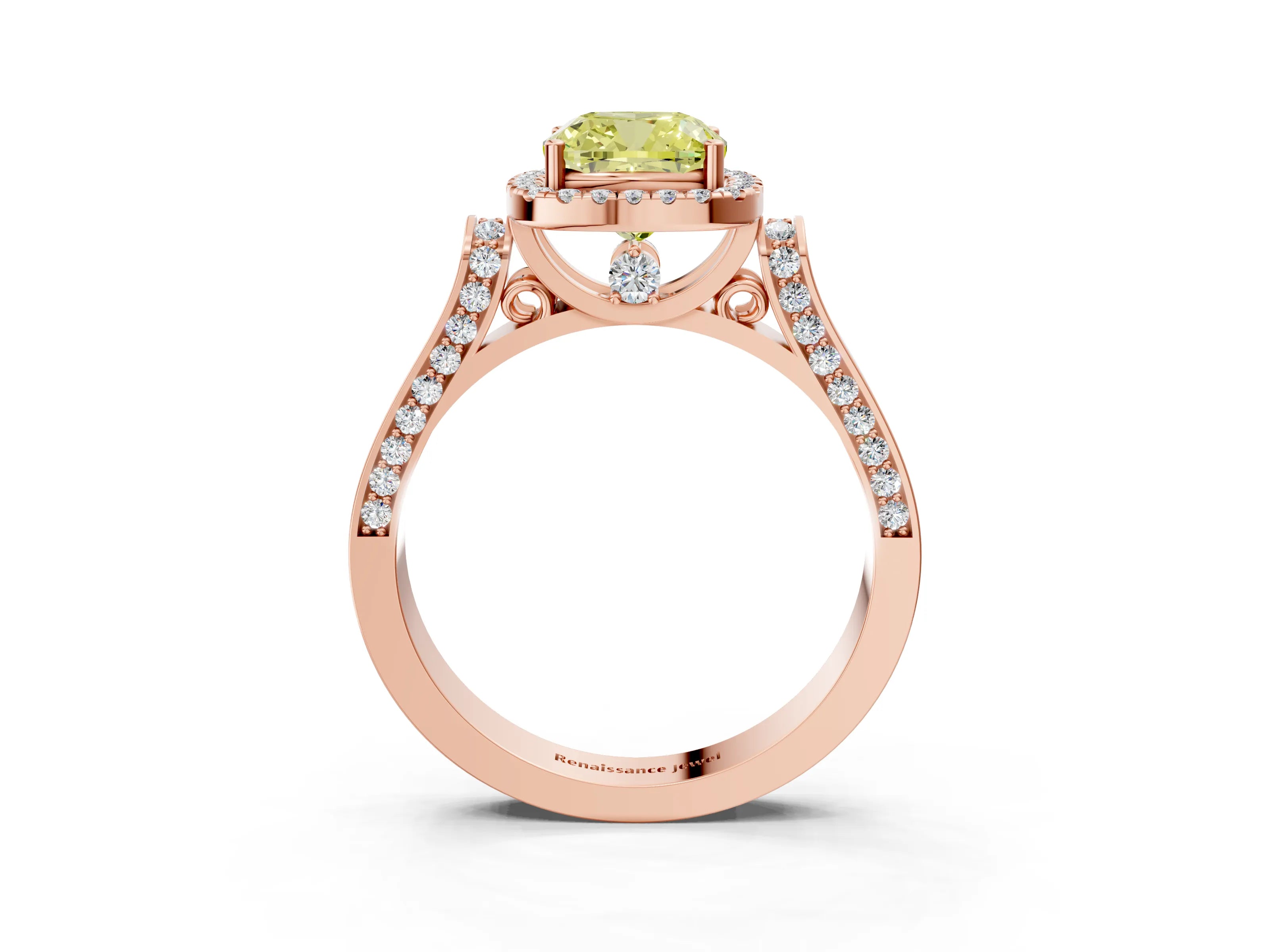 Rose gold Fancy Yellow Cushion Cut Halo Round Diamond Twist Band with Four-Prong Setting_3