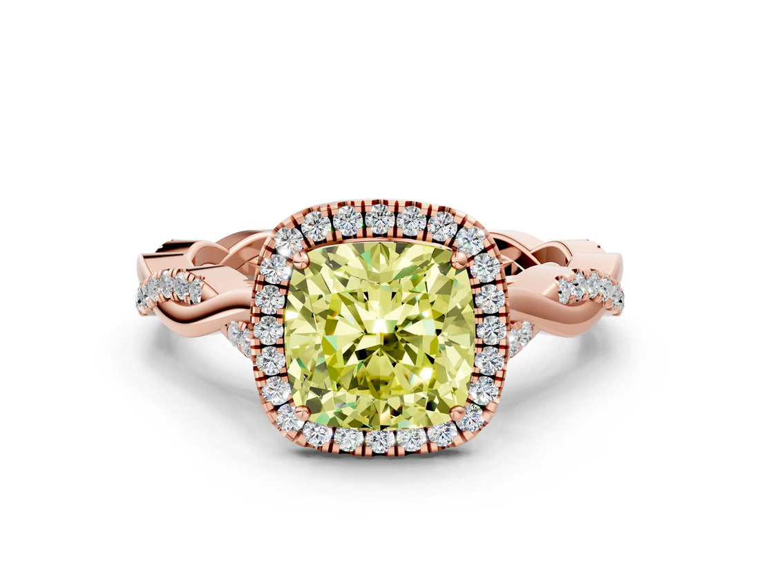 Rose gold Fancy Yellow Cushion Cut Halo Twist Band with Four-Prong Setting