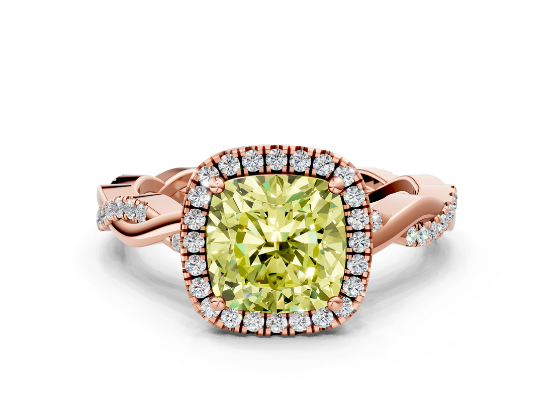 Rose gold Fancy Yellow Cushion  Cut Halo Twisted Band Four-Prong Ring_19