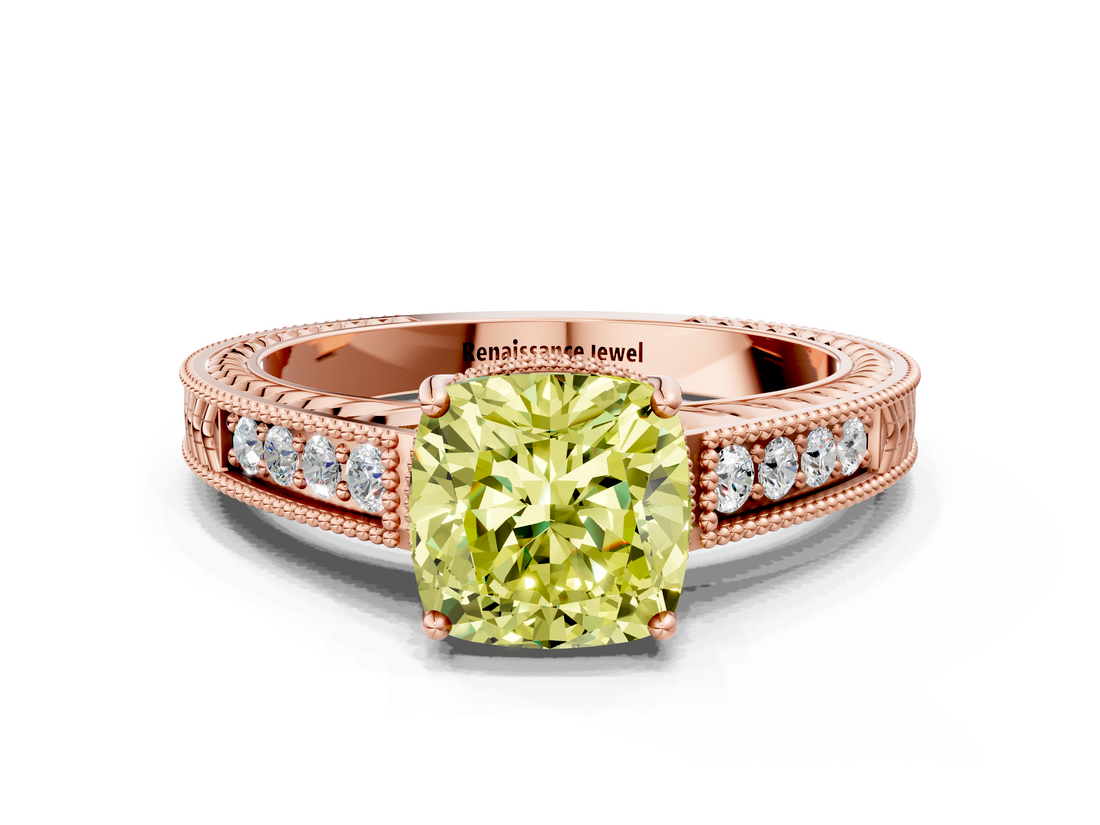 Rose gold Fancy Yellow Cushion  Cut Milgrain Channel Set Engagement Ring with Solitaire Prong Setting_75