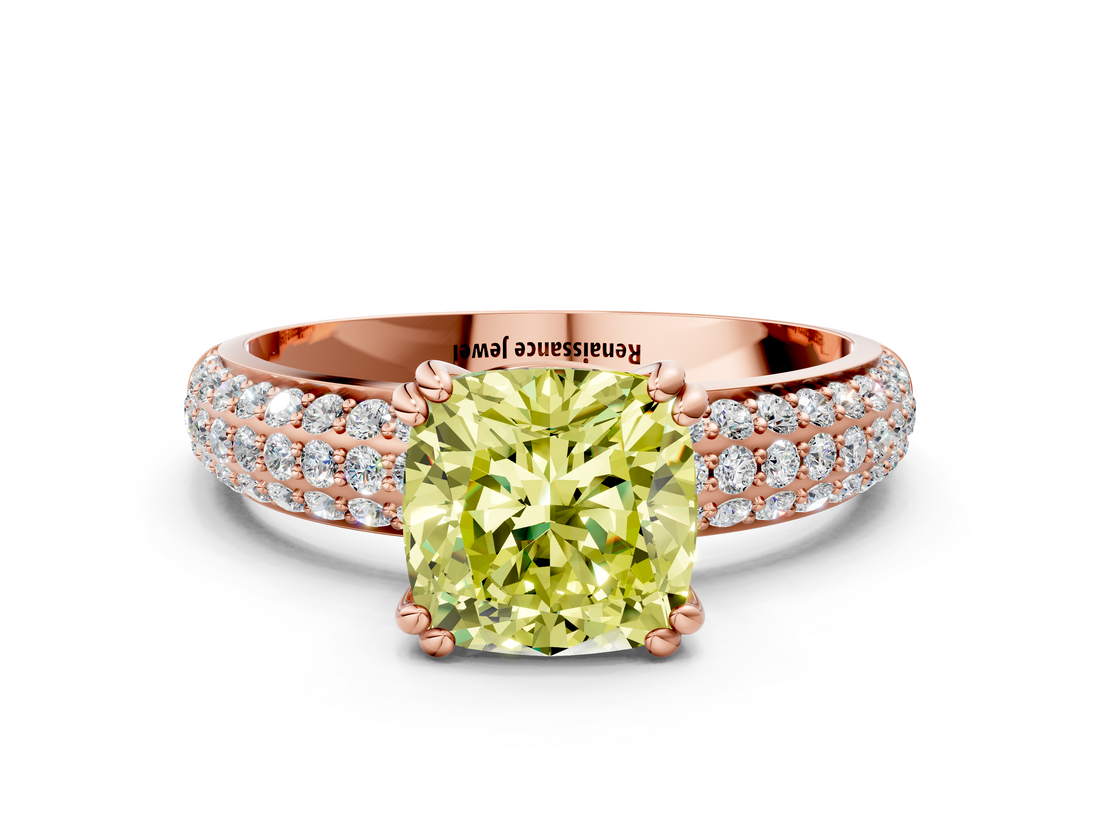 Rose gold Fancy Yellow Cushion  Cut Pave Diamond Engagement Ring with Channel Set Band and Four-Prong Setting_19