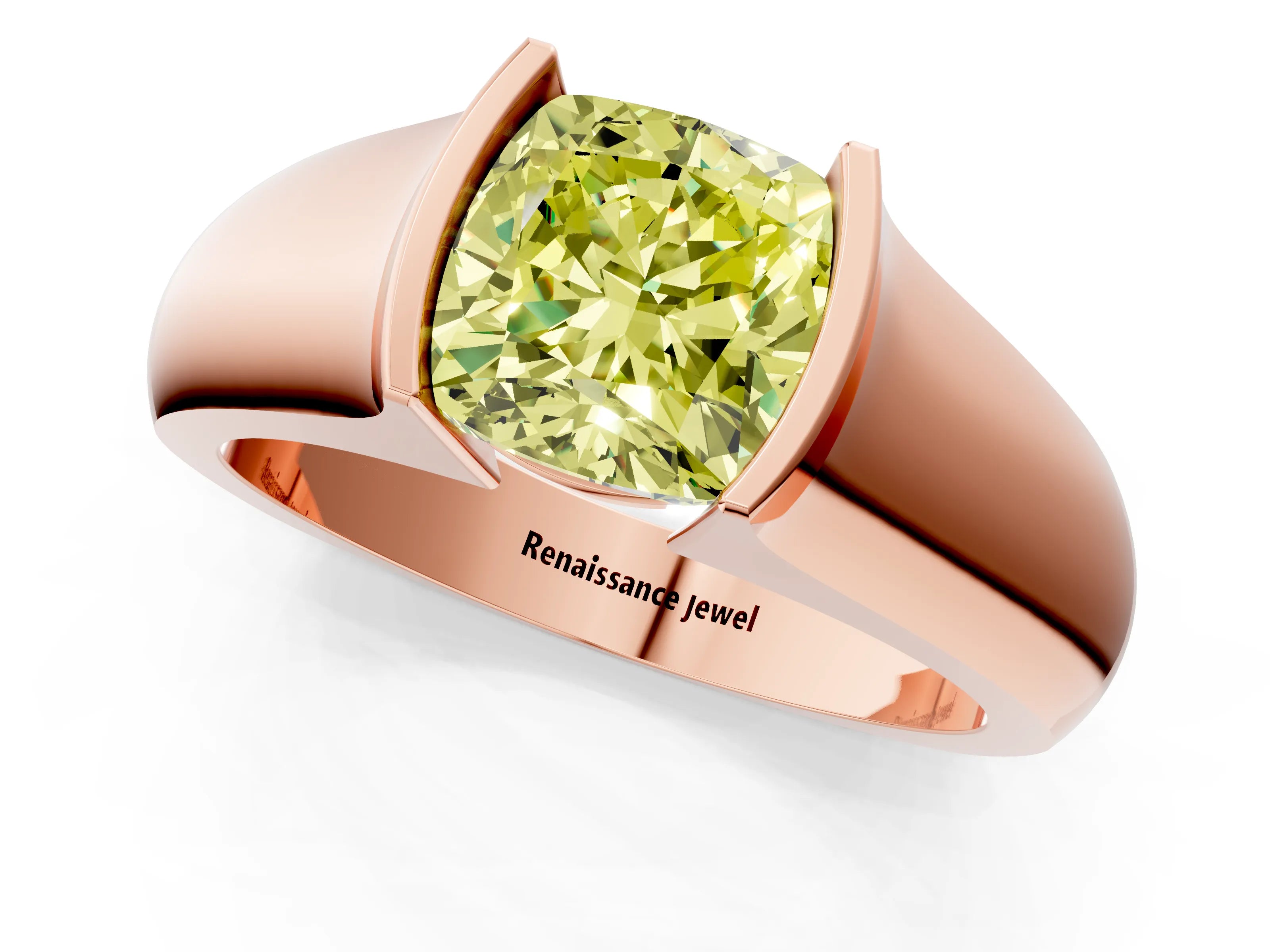 Rose gold Fancy Yellow Cushion Cut Solitaire Bezel Set Diamond Ring with Wide Band_1