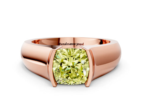 Rose gold Fancy Yellow Cushion Cut Solitaire Bezel Set Diamond Ring with Wide Band