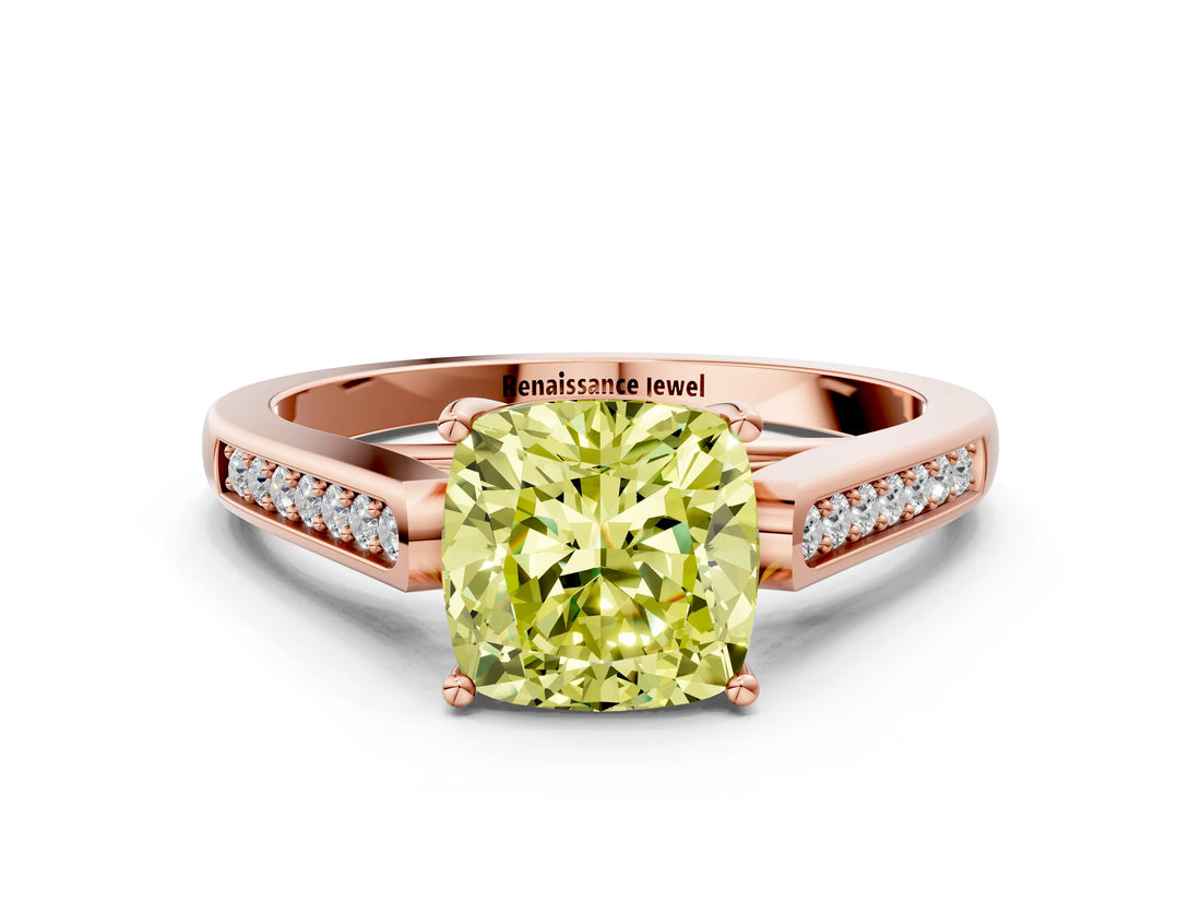 Rose gold Fancy Yellow Cushion Cut Solitaire Cathedral Diamond Engagement Ring with Channel-Set Band and Four-Prong Setting_3