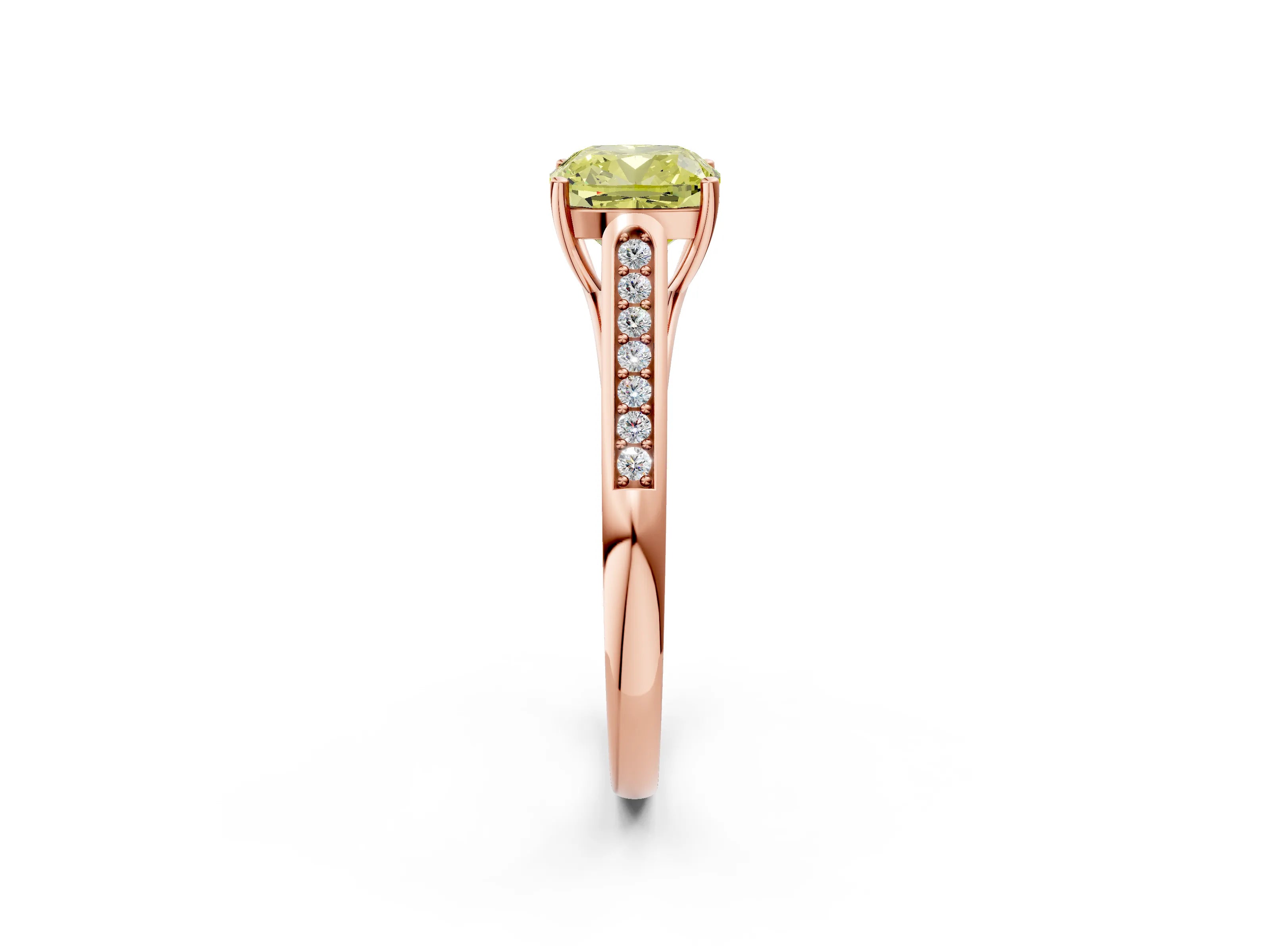 Rose gold Fancy Yellow Cushion Cut Solitaire Cathedral Diamond Engagement Ring with Channel-Set Band and Four-Prong Setting_5