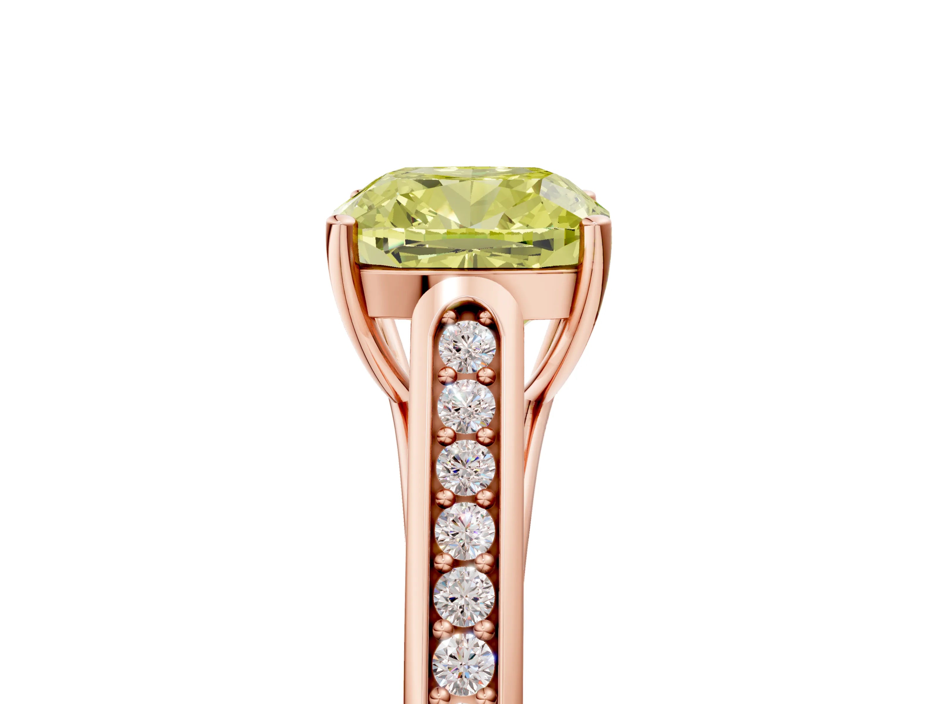 Rose gold Fancy Yellow Cushion Cut Solitaire Cathedral Diamond Engagement Ring with Channel-Set Band and Four-Prong Setting_8