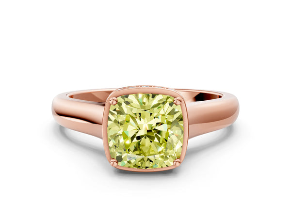 Rose gold Fancy Yellow Cushion Cut Solitaire Diamond Engagement Ring with Four-Prong Setting and Tapered Band