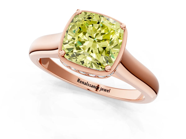 Rose gold Fancy Yellow Cushion Cut Solitaire Diamond Engagement Ring with Four-Prong Setting and Tapered Band