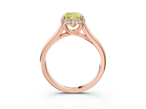 Rose gold Fancy Yellow Cushion Cut Solitaire Diamond Engagement Ring with Four-Prong Setting and Tapered Band
