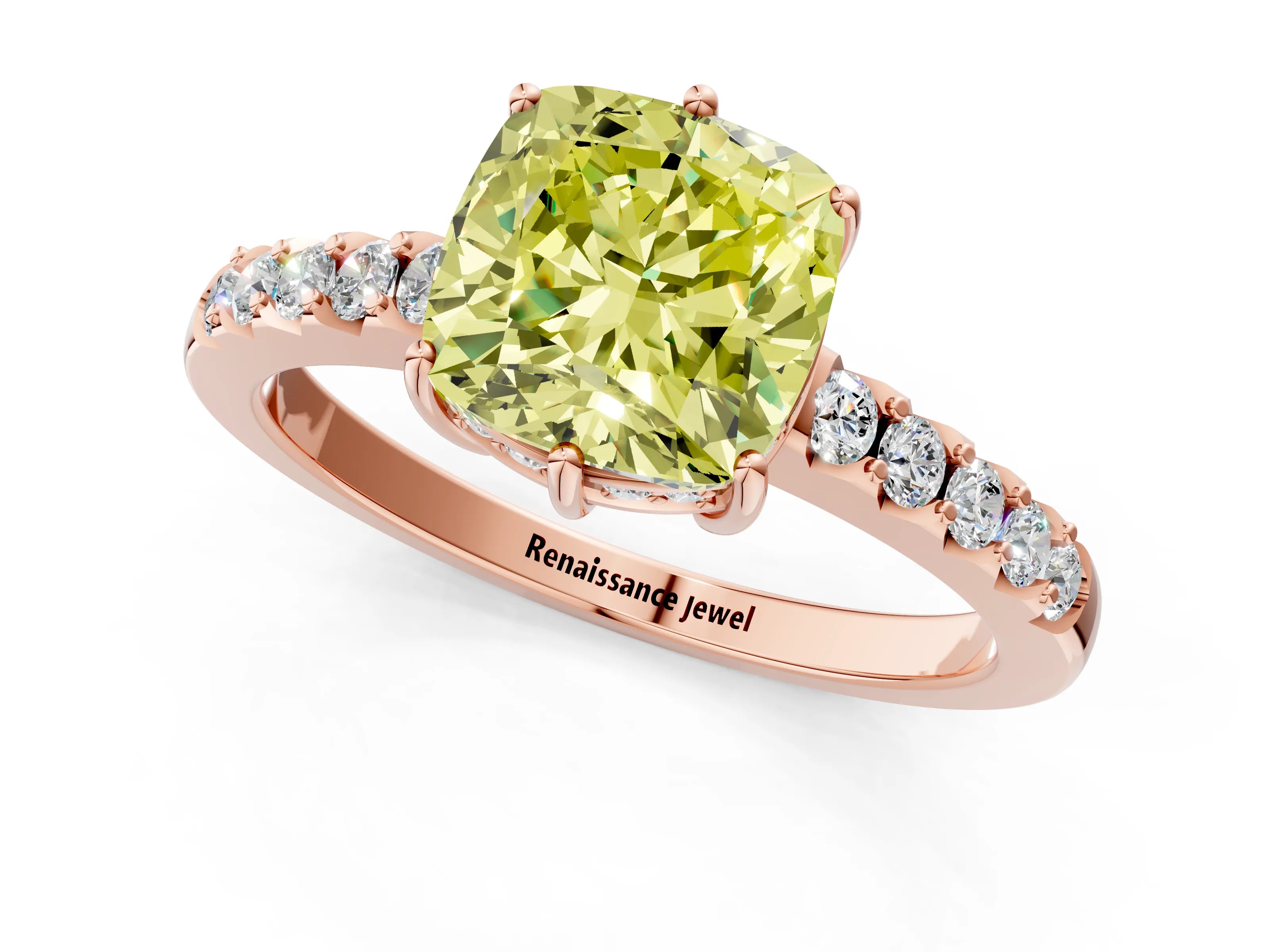 Rose gold Fancy Yellow Cushion Cut Solitaire Diamond Engagement Ring with Pavé Band and Six-Prong Setting_13
