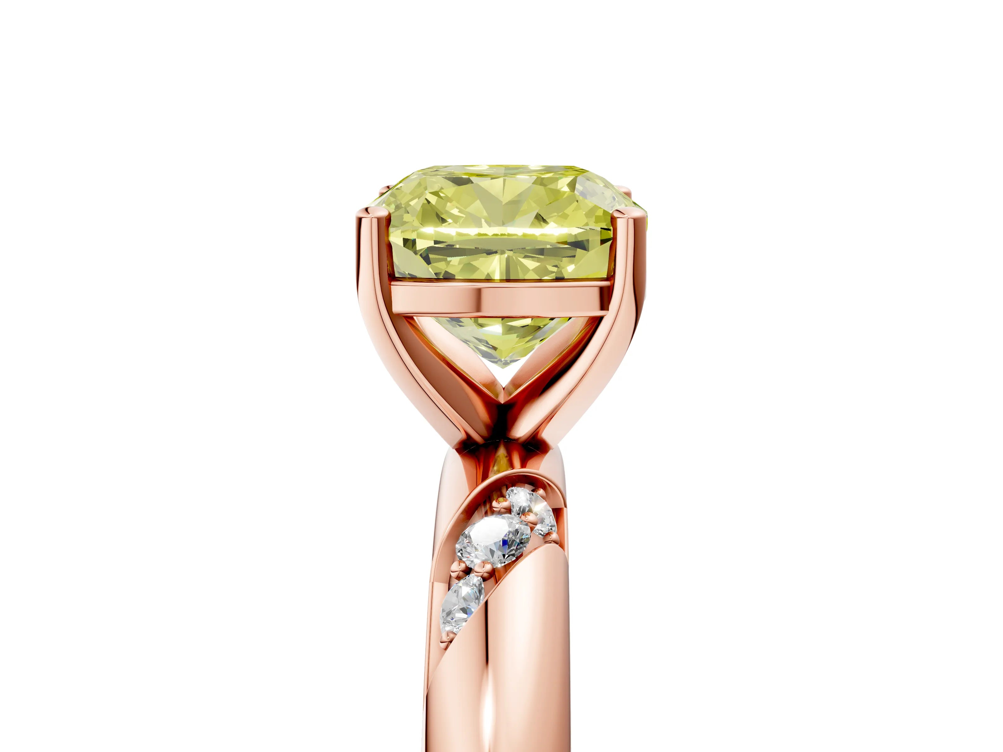 Rose gold Fancy Yellow Cushion Cut Solitaire Diamond Engagement Ring with Twisted Pave Band and Four-Prong Setting_20
