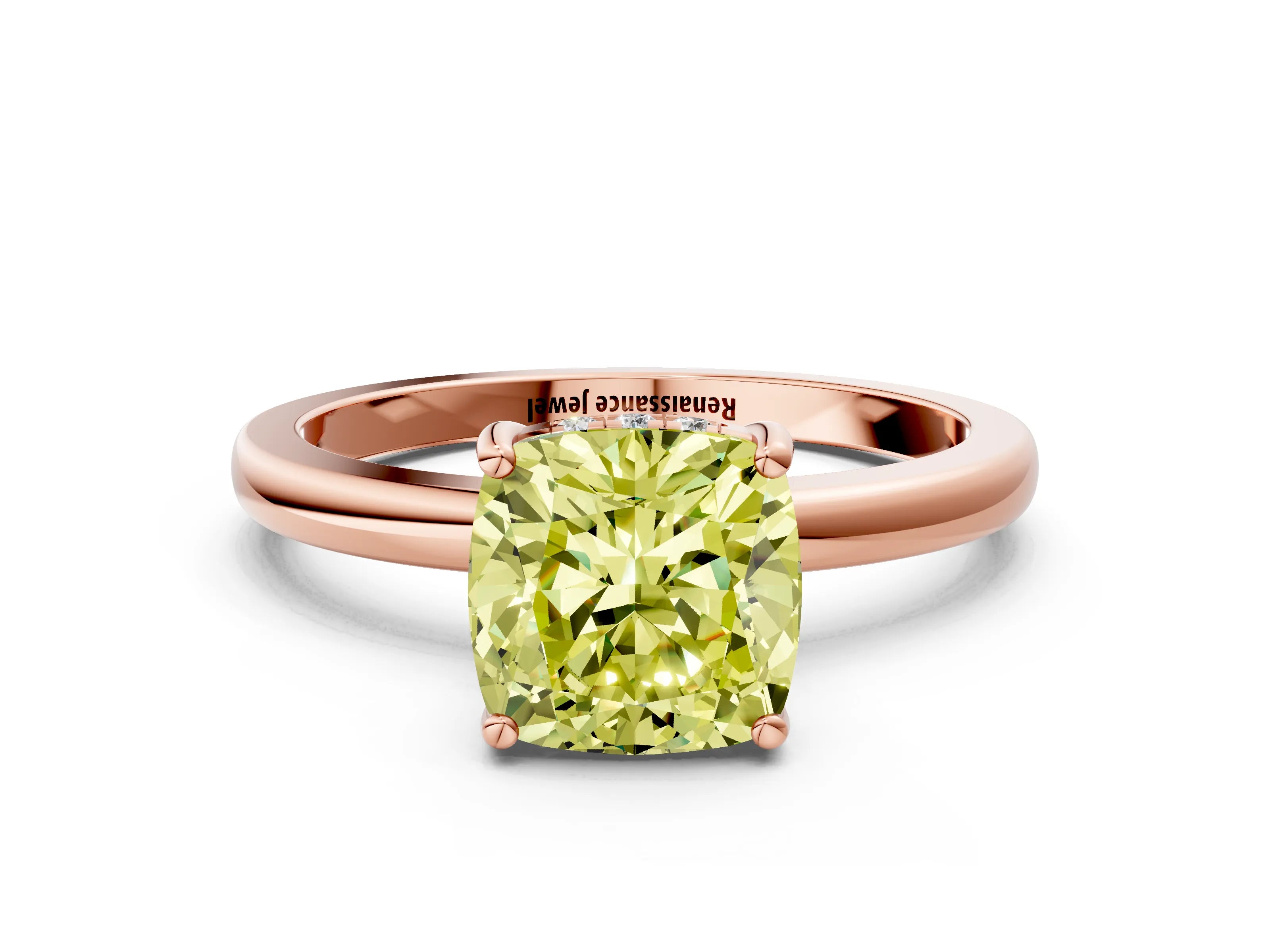 Rose gold Fancy Yellow Cushion Cut Solitaire Diamond Ring with Prong Setting and Plain Band