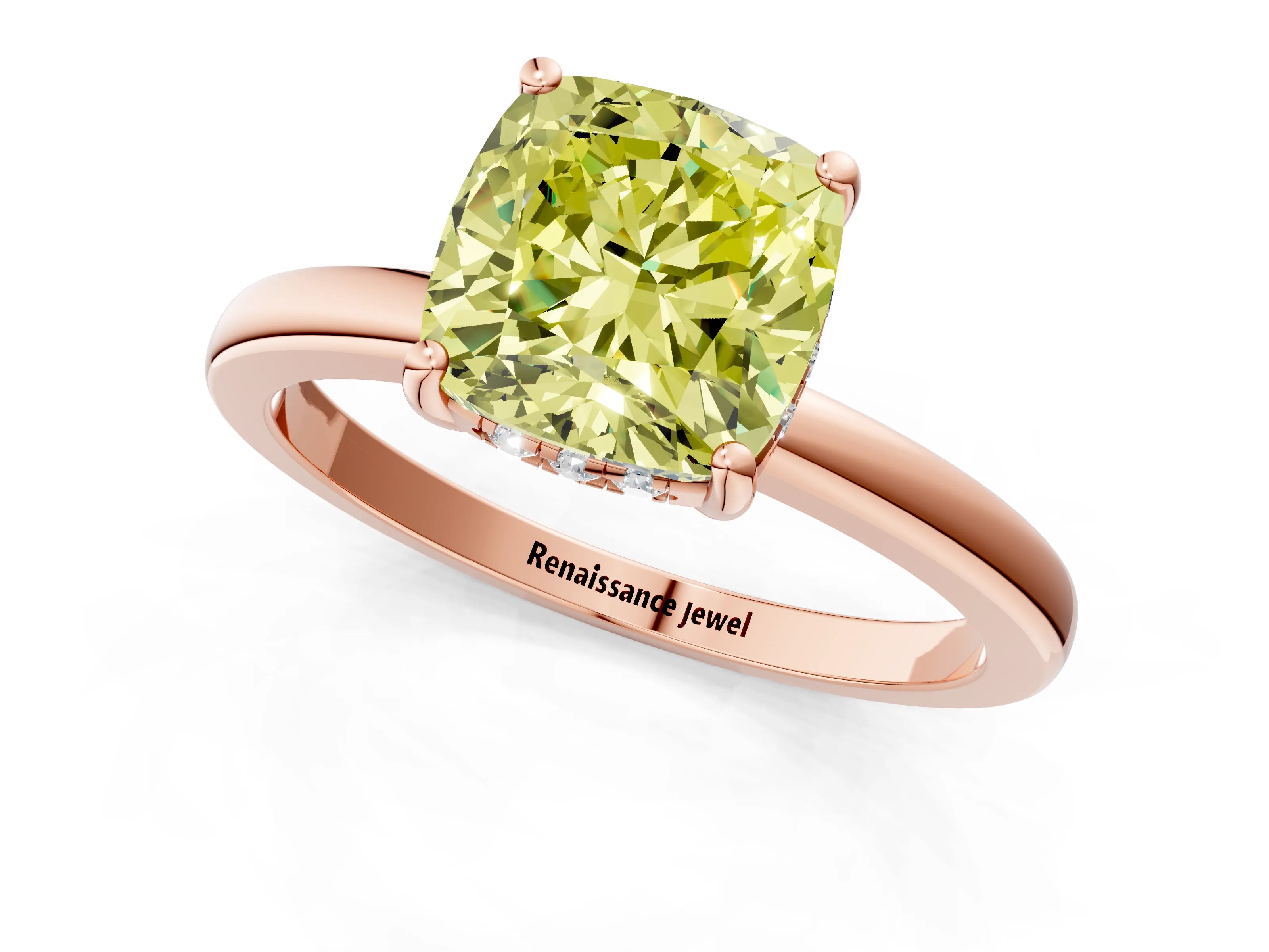 Rose gold Fancy Yellow Cushion Cut Solitaire Diamond Ring with Prong Setting and Plain Band_1