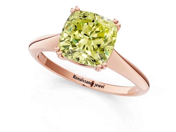 Rose gold Fancy Yellow Cushion Cut Solitaire Diamond Ring with Six-Prong Setting and Classic Band