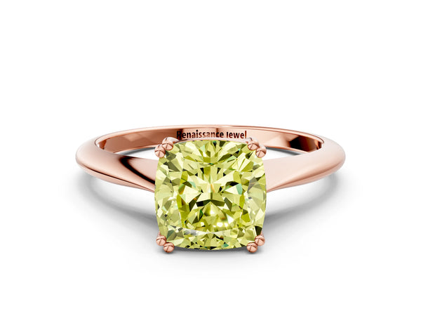 Rose gold Fancy Yellow Cushion Cut Solitaire Diamond Ring with Six-Prong Setting and Classic Band