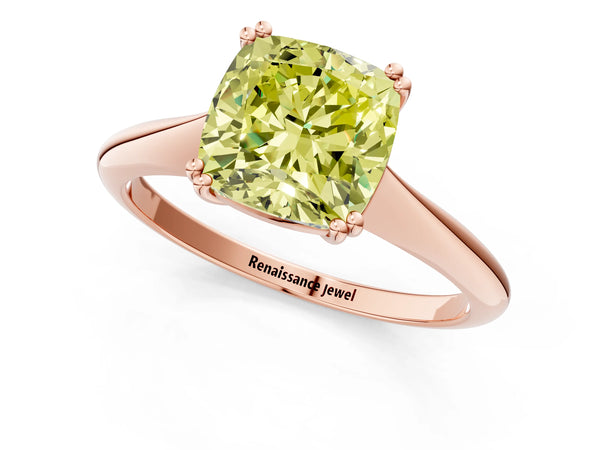 Rose gold Fancy Yellow Cushion Cut Solitaire Diamond Ring with Six-Prong Setting and Classic Band